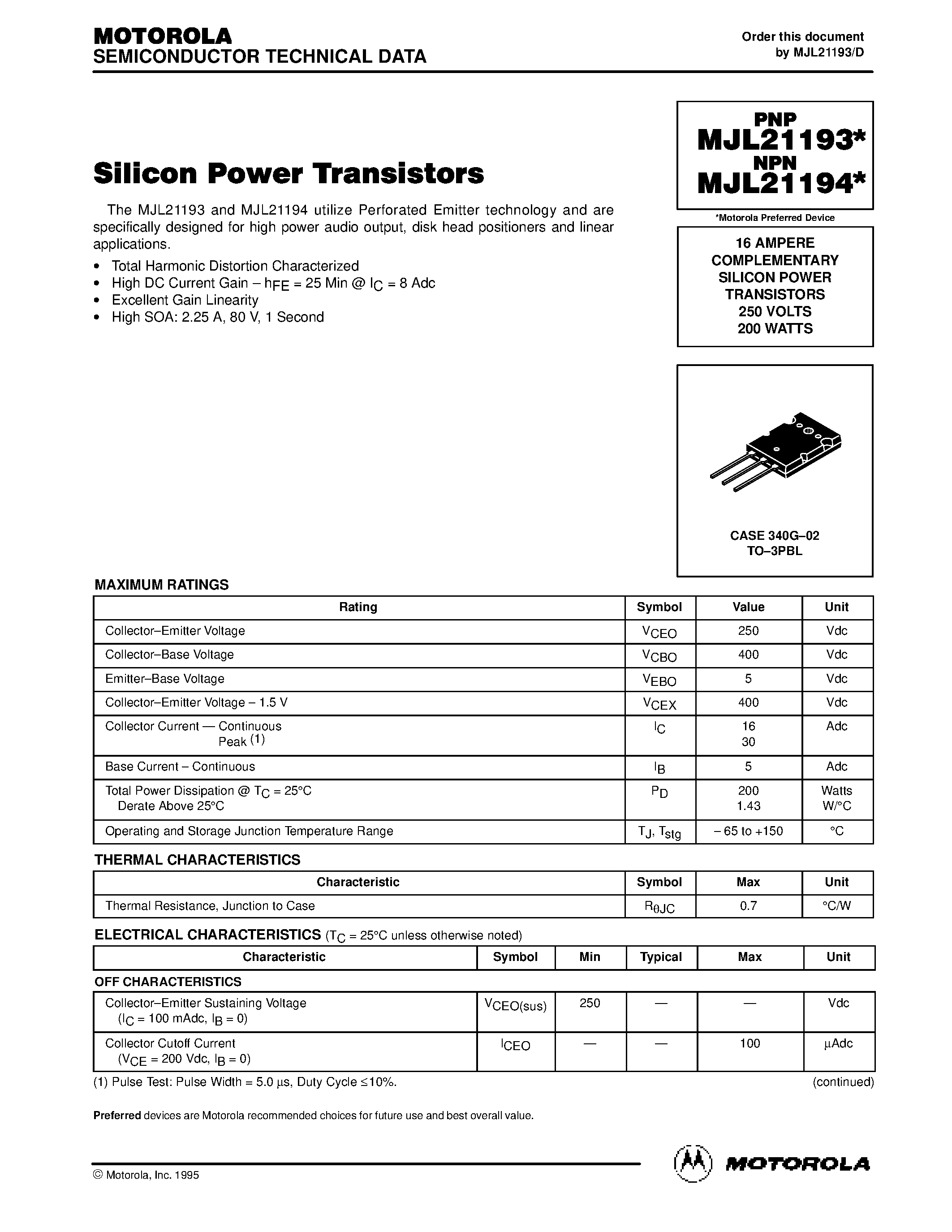 Datasheet MJL21193 - 16 AMPERE COMPLEMENTARY SILICON POWER TRANSISTORS 250 VOLTS 200 WATTS page 1