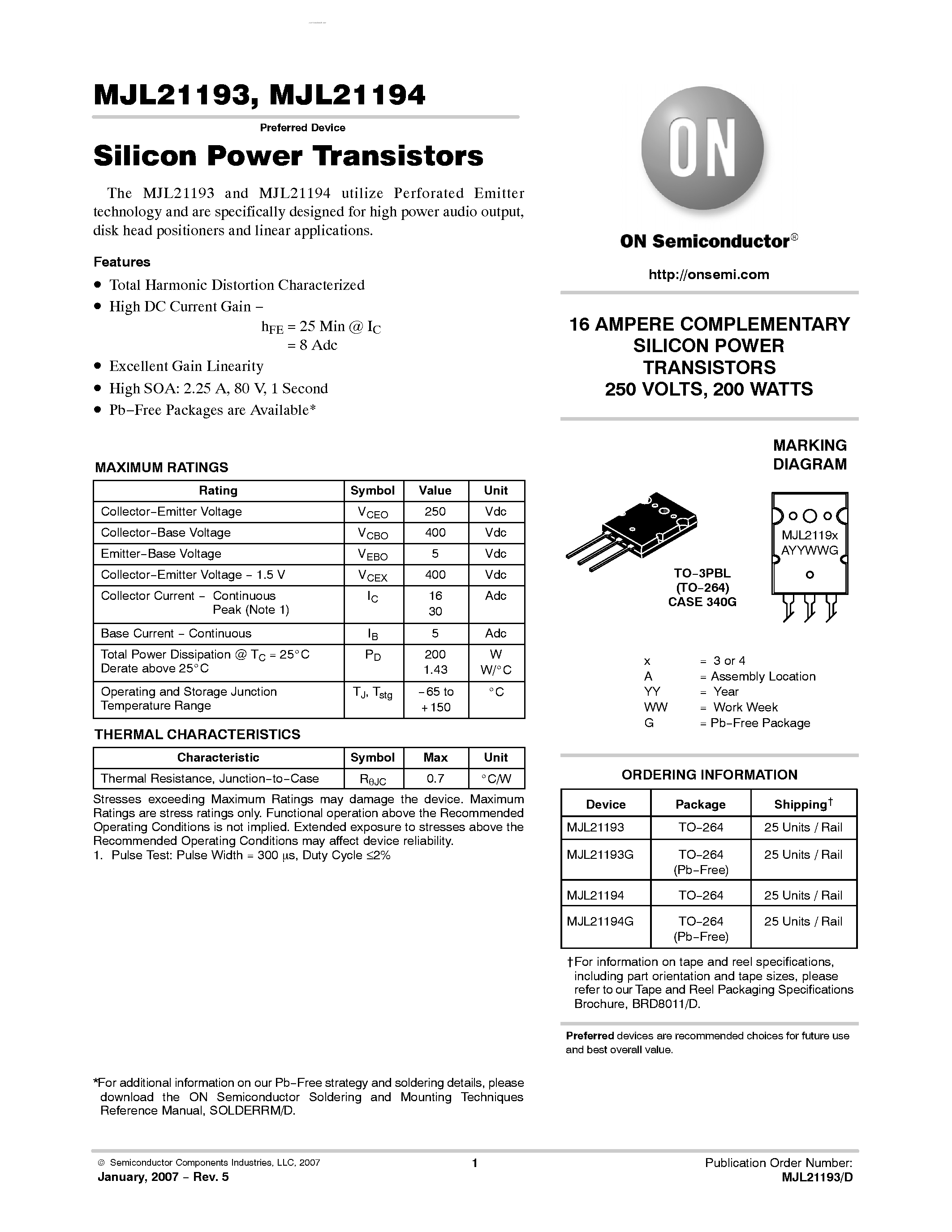 Даташит на микросхему MJL21194 страница 1 Даташит MJL21194 - COMPLEMENTARY SILICON POWER TRANSISTORS страница 1
