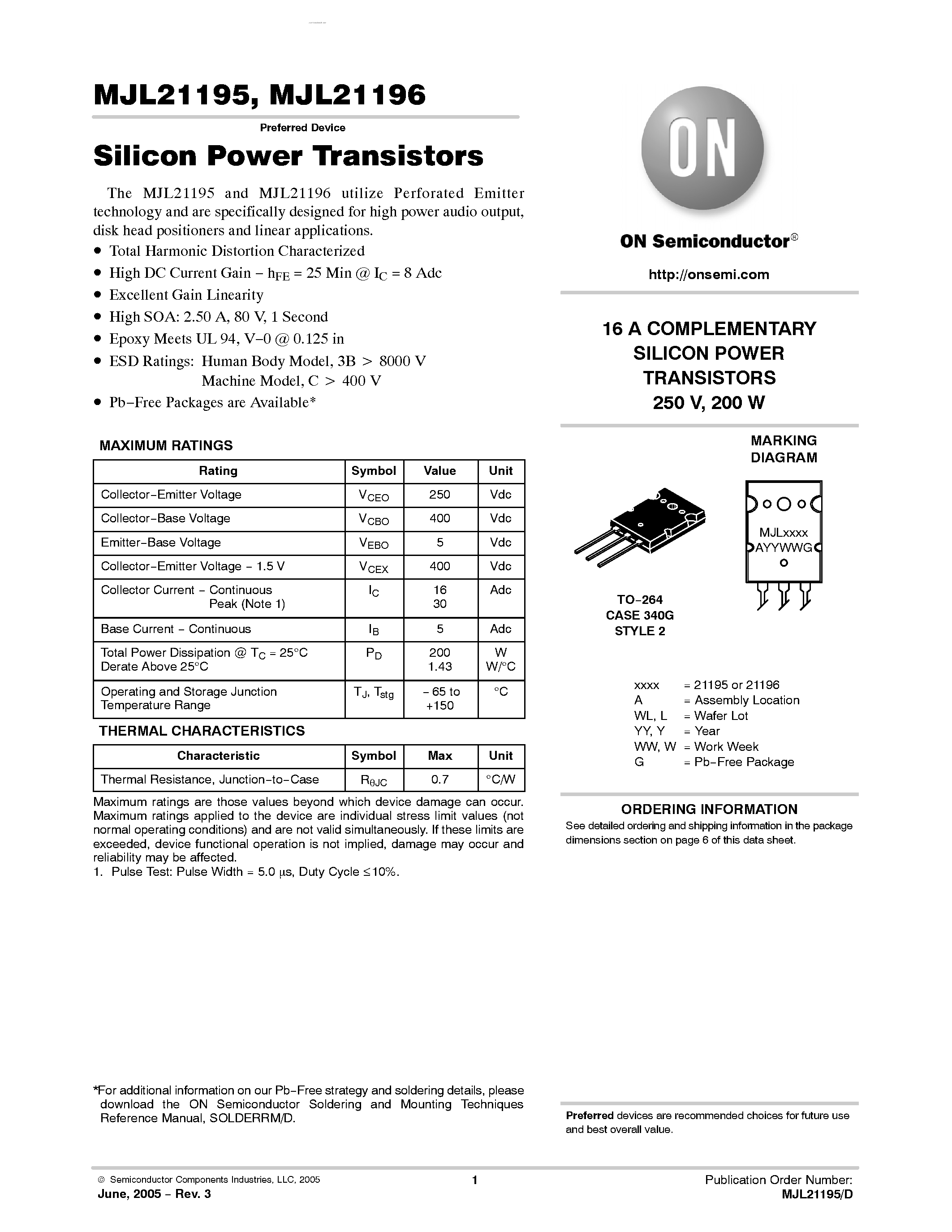 Datasheet MJL21195 - COMPLEMENTARY SILICON POWER TRANSISTORS page 1