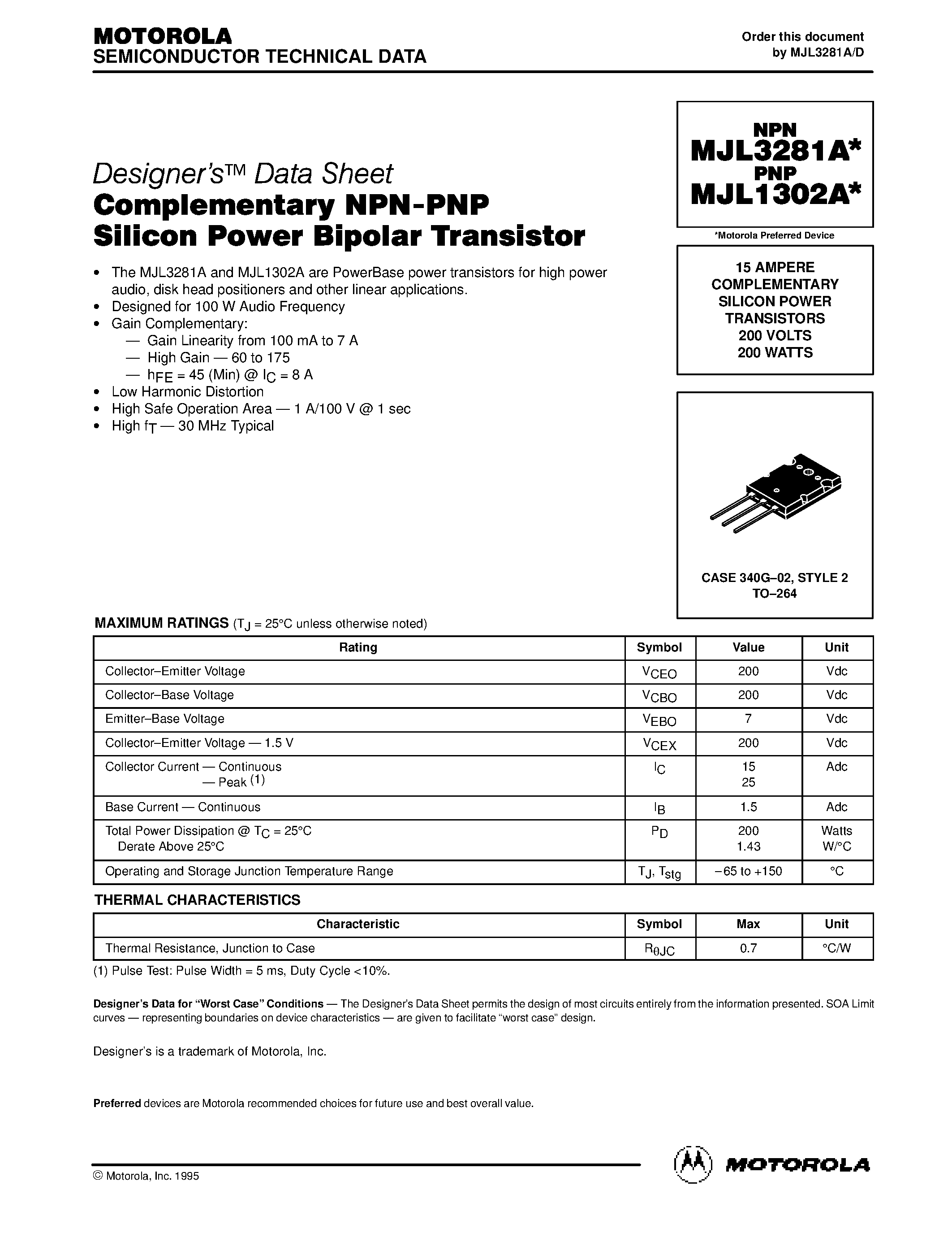 Datasheet MJL3281A page 1 Datasheet MJL3281A - 15 AMPERE COMPLEMENTARY SILICON POWER TRANSISTORS 200 VOLTS 200 WATTS page 1