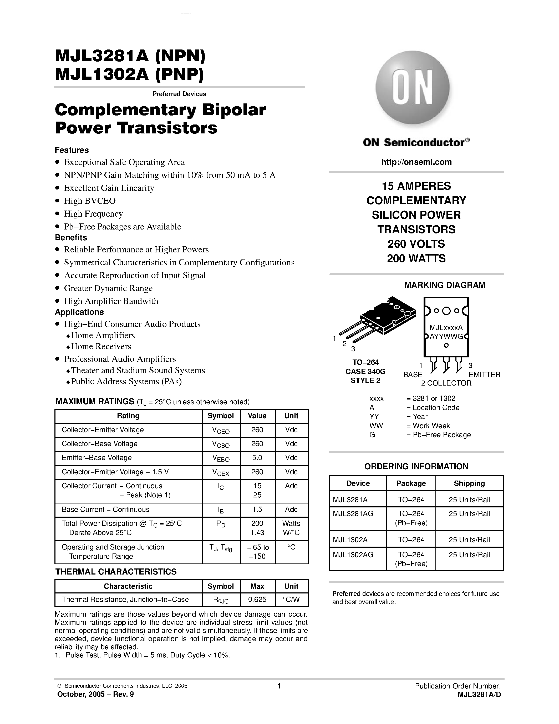 Datasheet MJL3281A page 1 Datasheet MJL3281A - COMPLEMENTARY SILICON POWER TRANSISTORS page 1