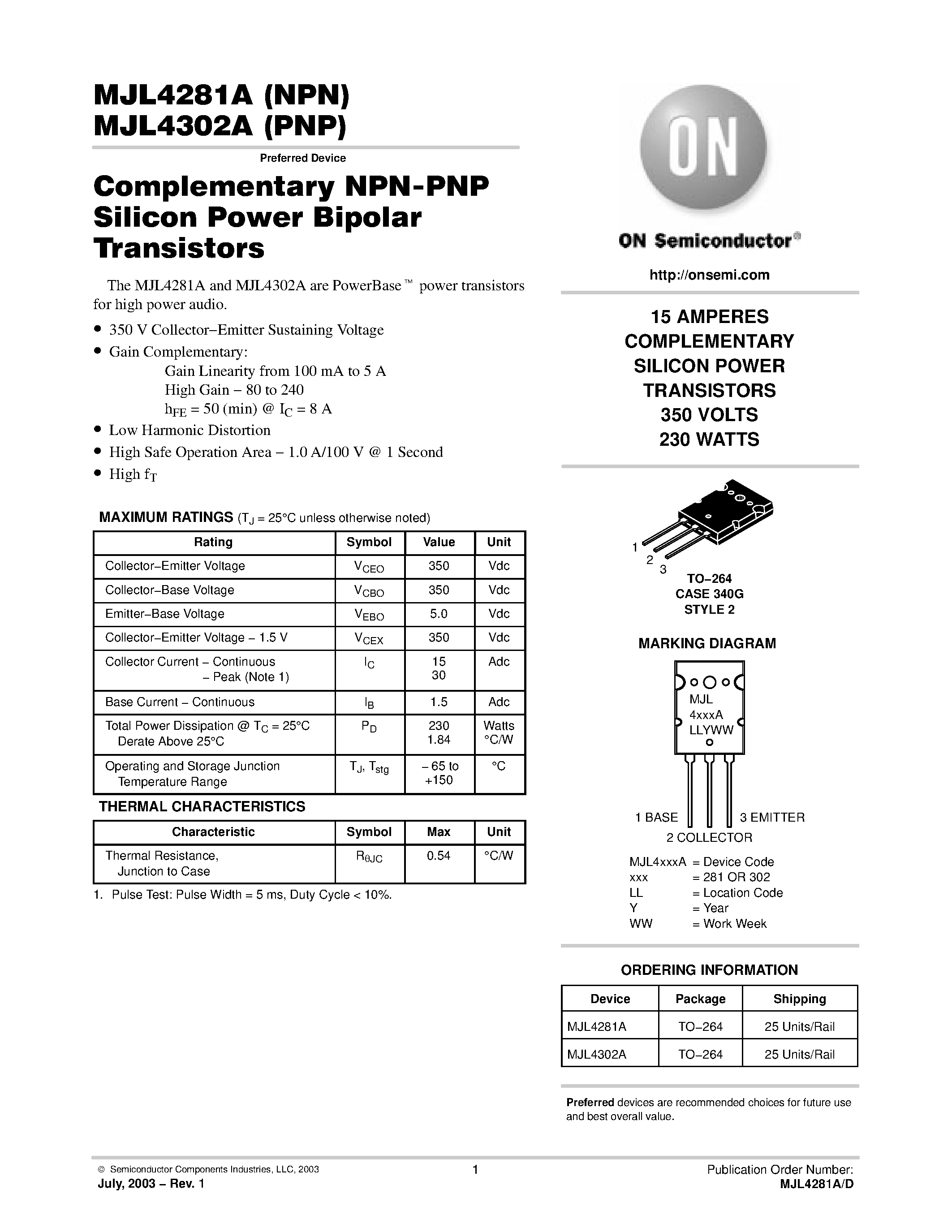 Datasheet MJL4281A - Complementary NPN-PNP Silicon Power Bipolar Transistors page 1