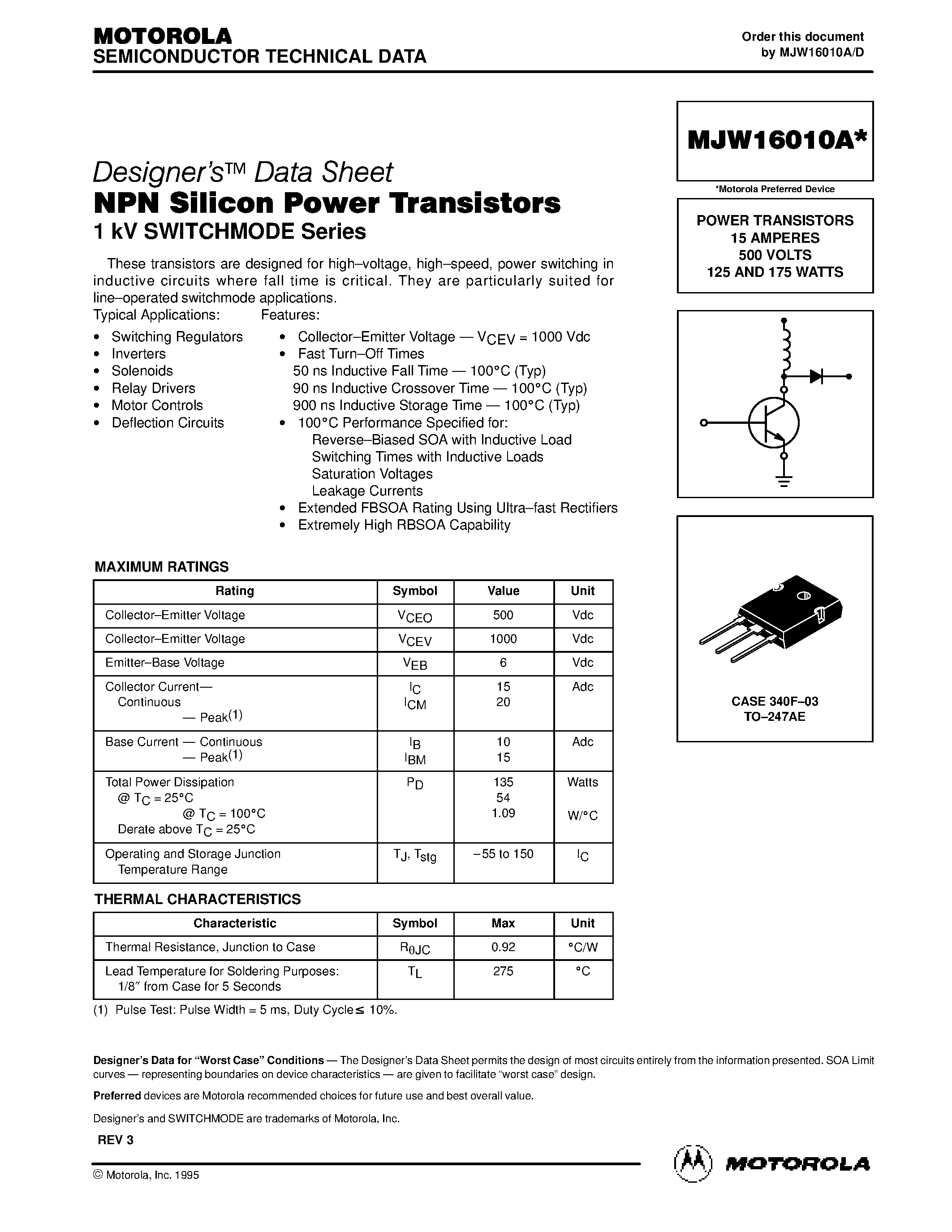 Datasheet MJW16010A page 1 Datasheet MJW16010A - POWER TRANSISTORS 15 AMPERES 500 VOLTS 125 AND 175 WATTS page 1