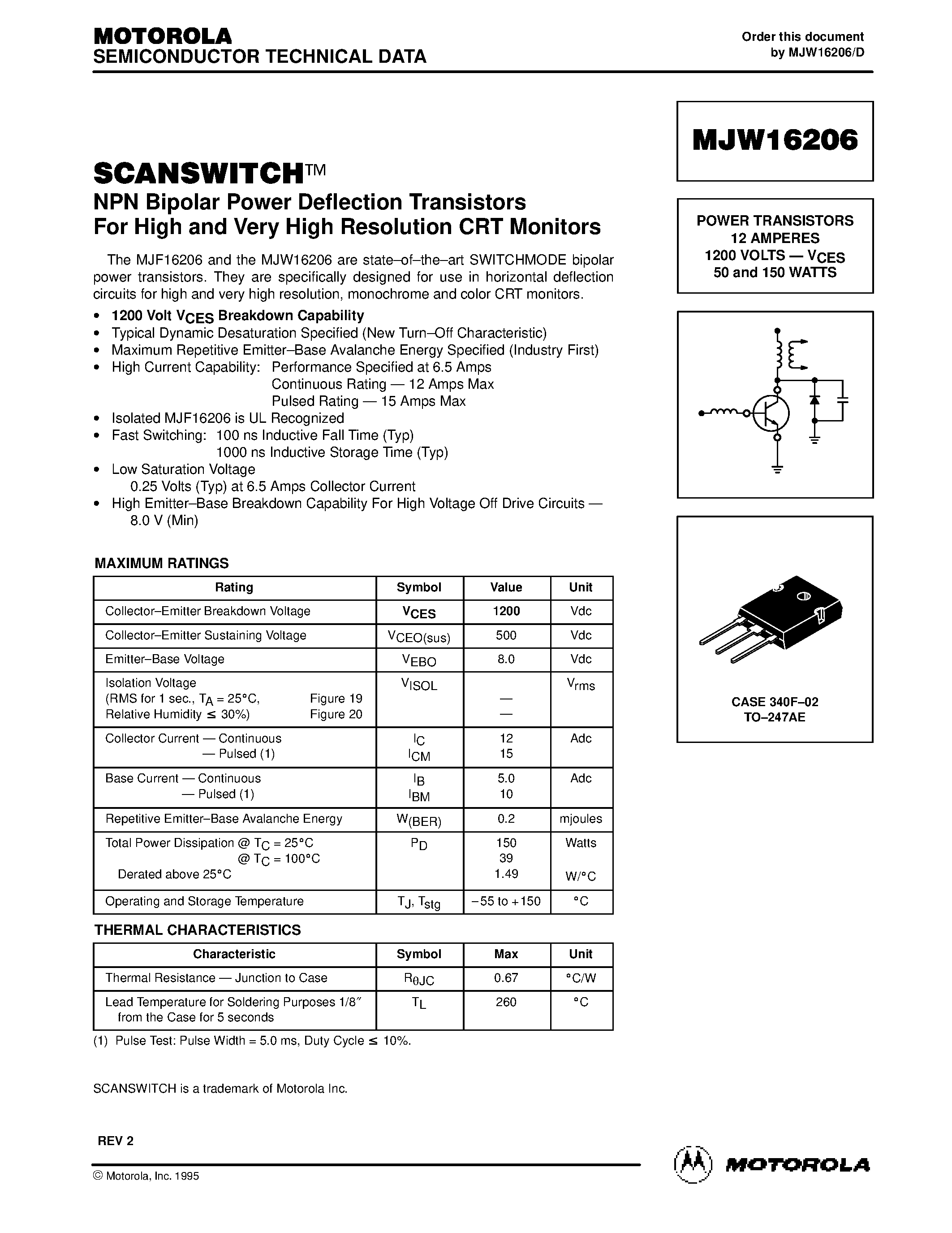 Datasheet MJW16206 page 1 Datasheet MJW16206 - POWER TRANSISTORS 12 AMPERES 1200 VOLTS - VCES 50 and 150 WATTS page 1