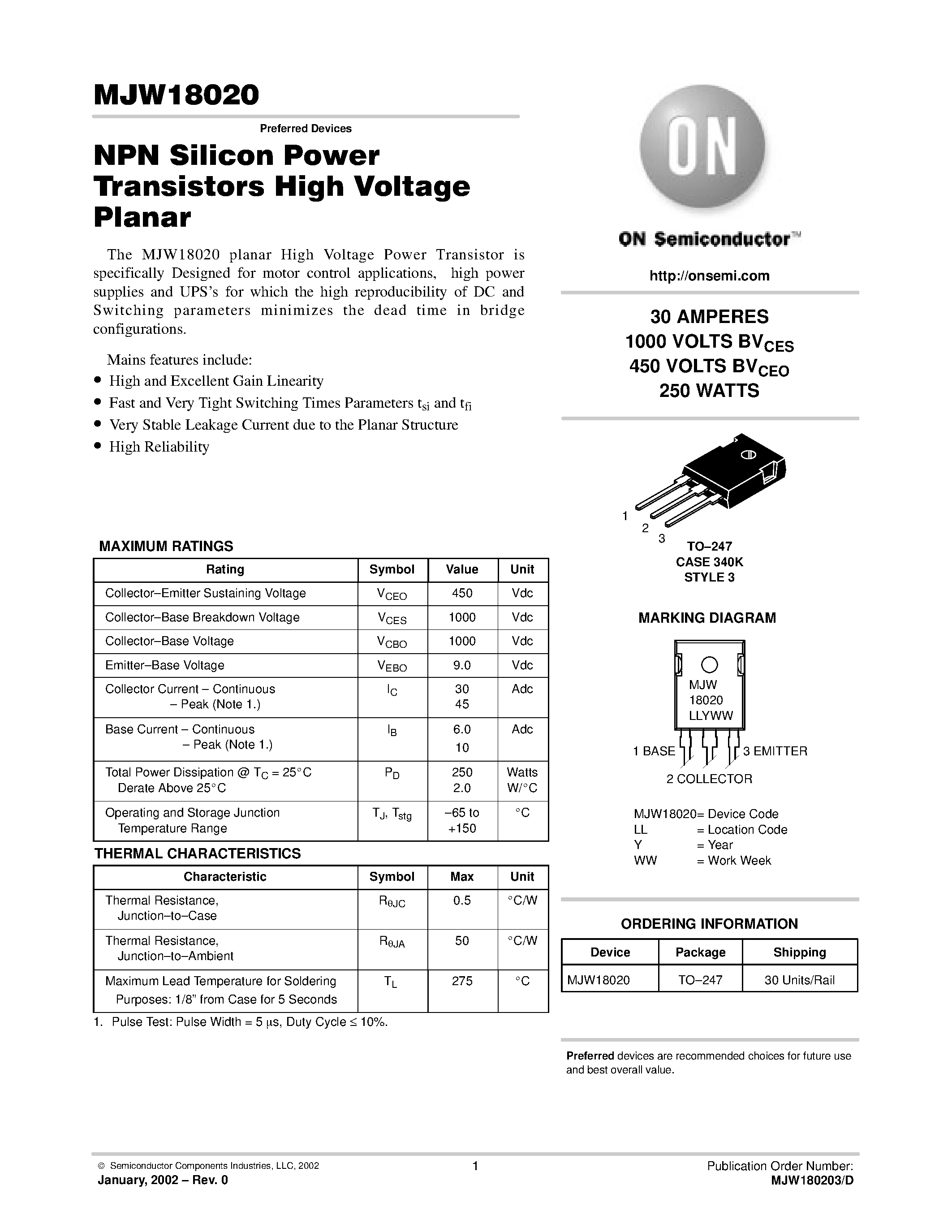 Datasheet MJW18020 page 1 Datasheet MJW18020 - NPN Silicon Power Transistors High Voltage Planar page 1