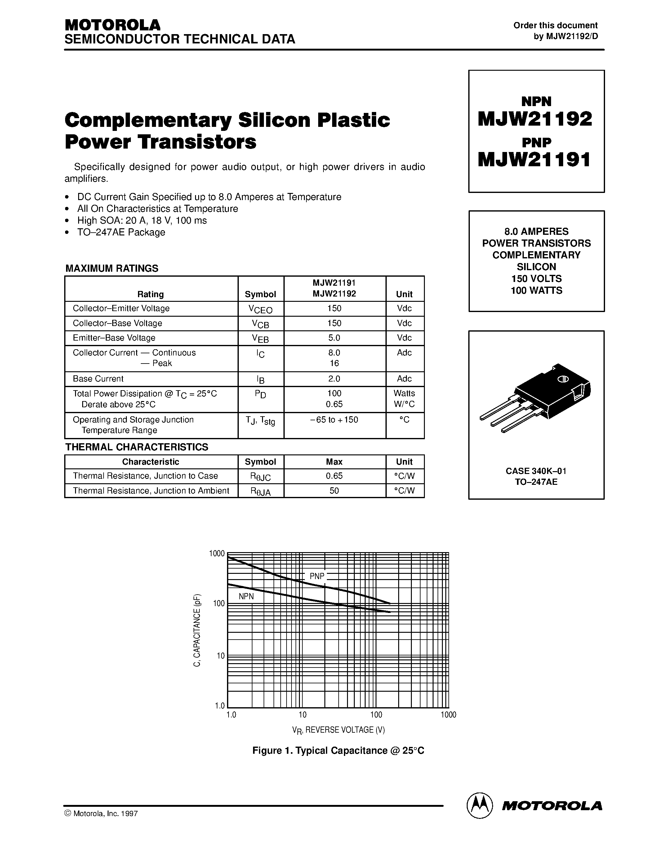 Datasheet MJW21192 - 8.0 AMPERES POWER TRANSISTORS COMPLEMENTARY SILICON 150 VOLTS 100 WATTS page 1