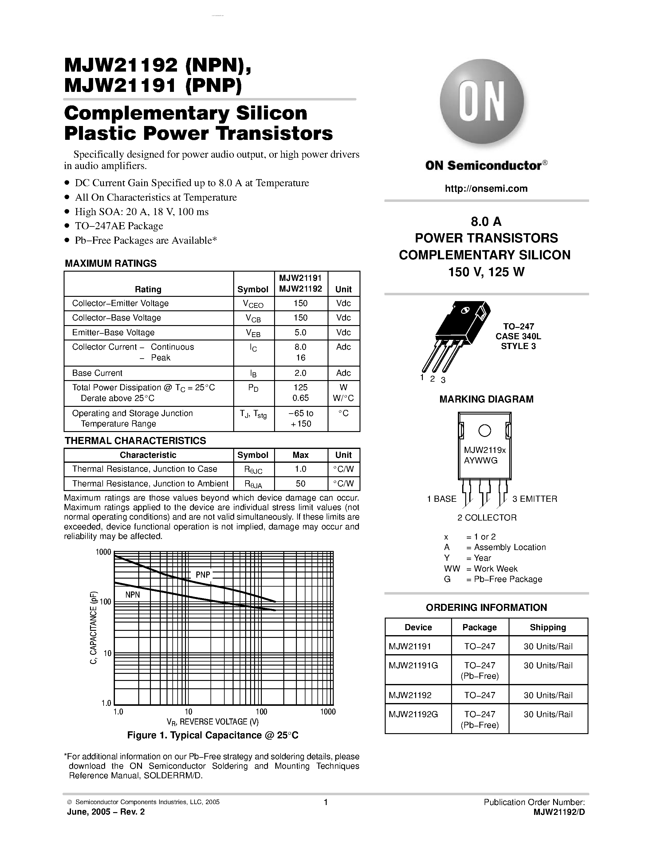 Datasheet MJW21192 page 1 Datasheet MJW21192 - POWER TRANSISTORS COMPLEMENTARY SILICON page 1