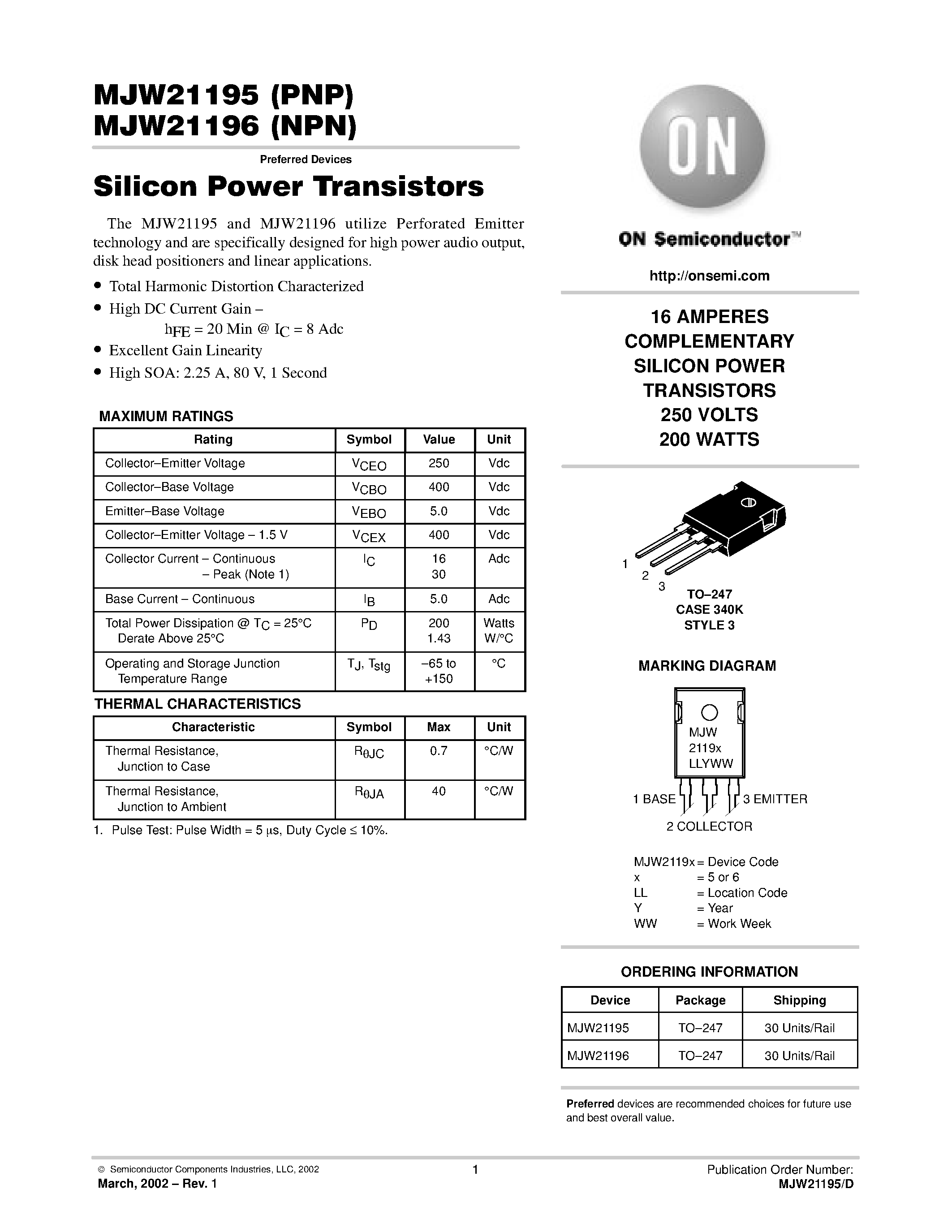 Datasheet MJW21195 page 1 Datasheet MJW21195 - Silicon Power Transistors page 1