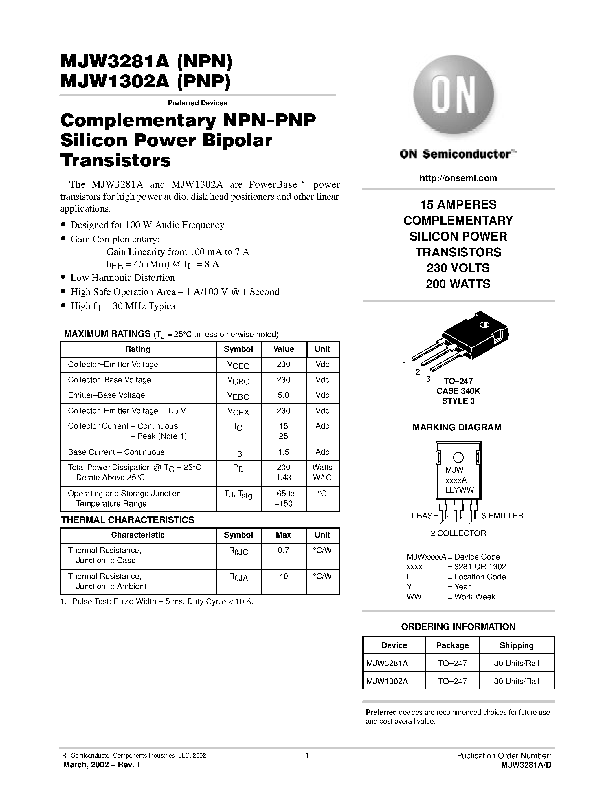 Datasheet MJW3281A - Complementary NPN-PNP Silicon Power Bipolar Transistors page 1