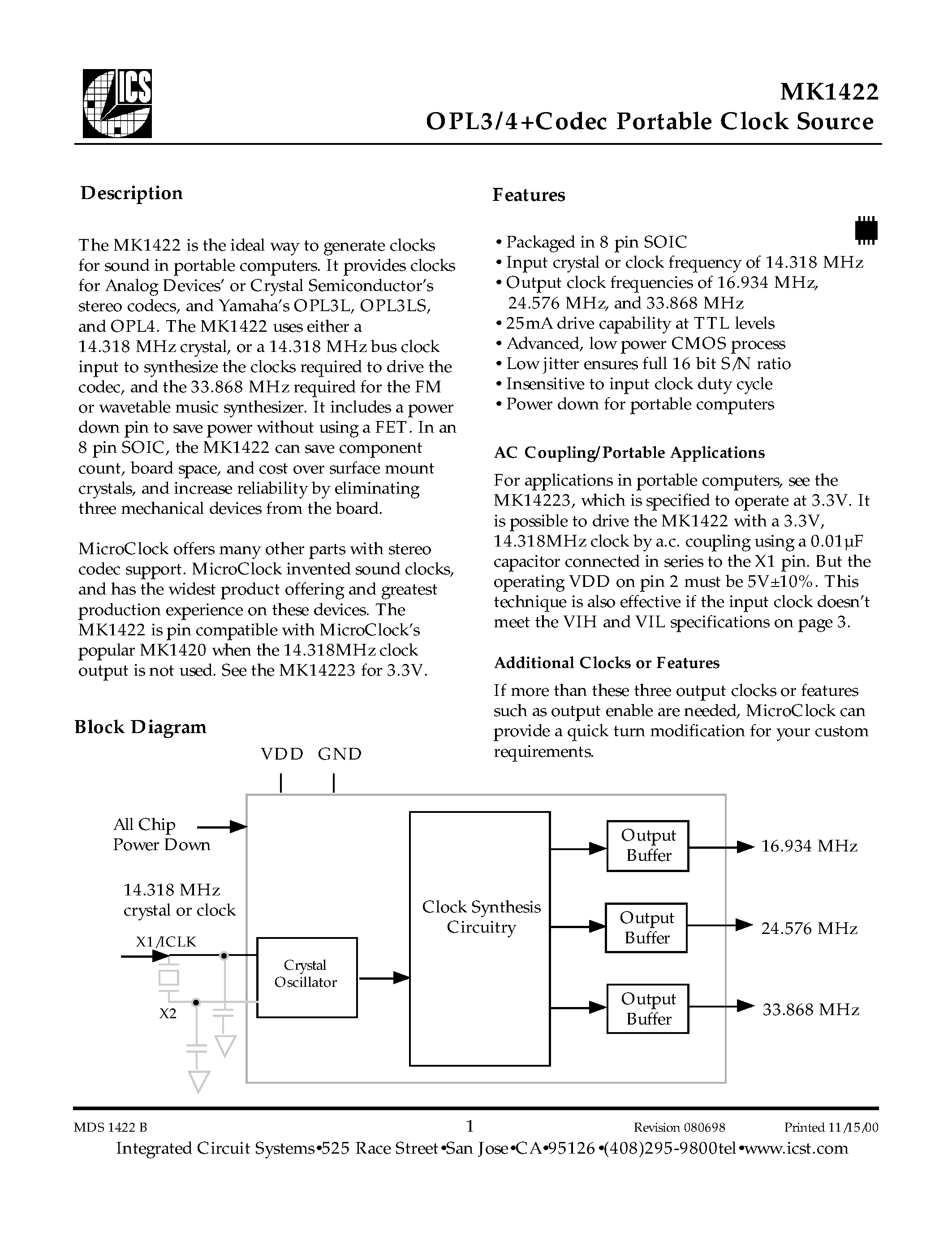Datasheet MK1422 - OPL3/4+Codec Portable Clock Source page 1