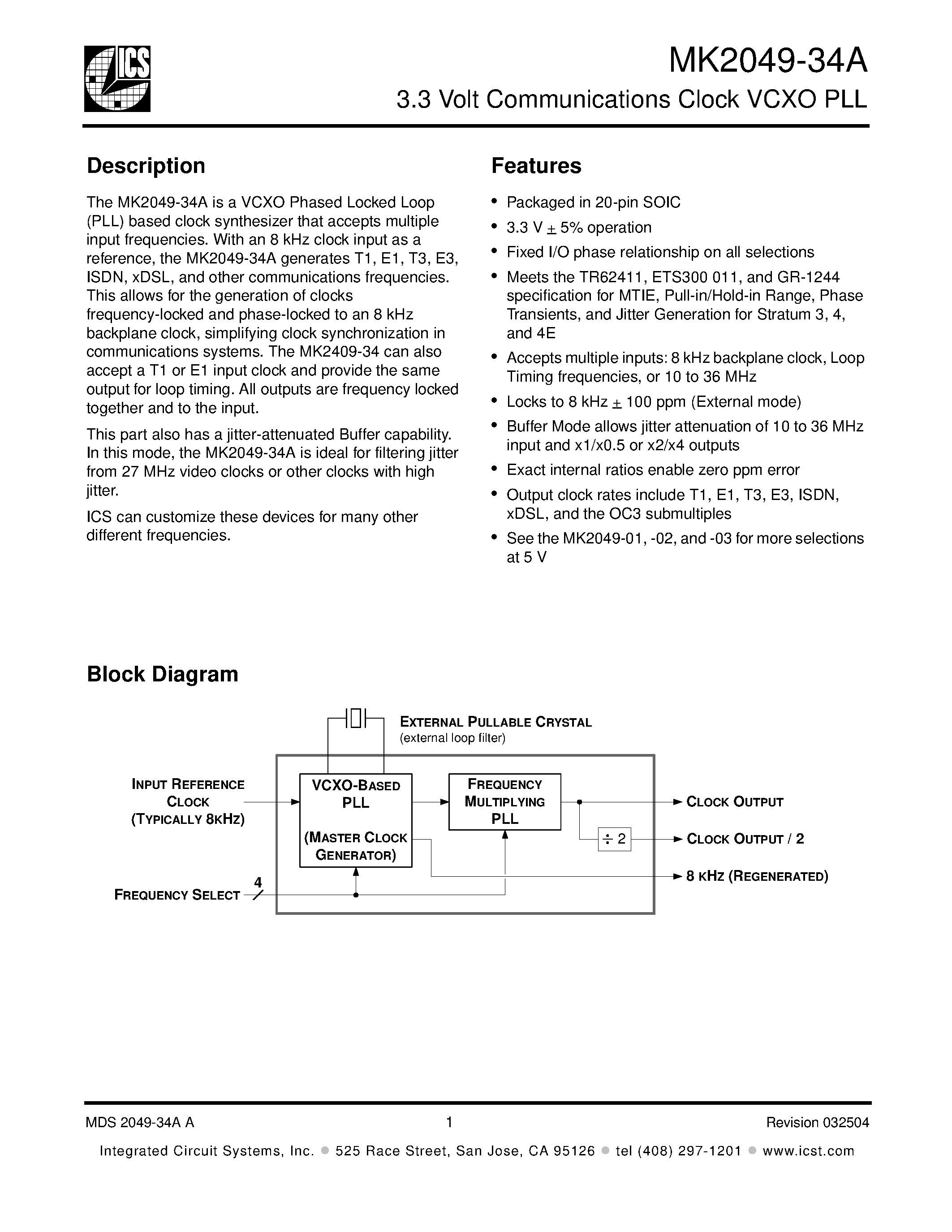 Datasheet MK2049-34A - 3.3 Volt Communications Clock VCXO PLL page 1