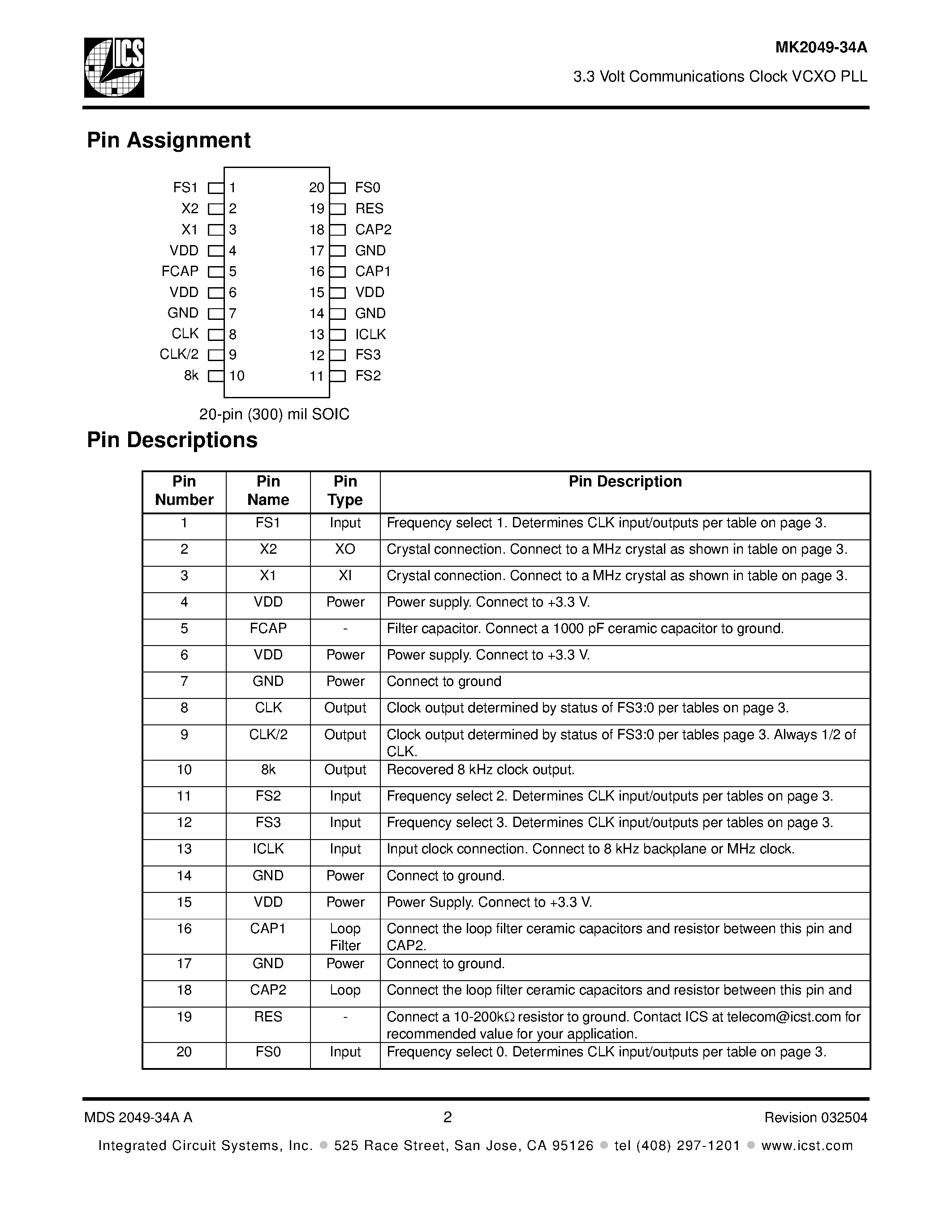 Datasheet MK2049-34SAI - 3.3 Volt Communications Clock VCXO PLL page 2