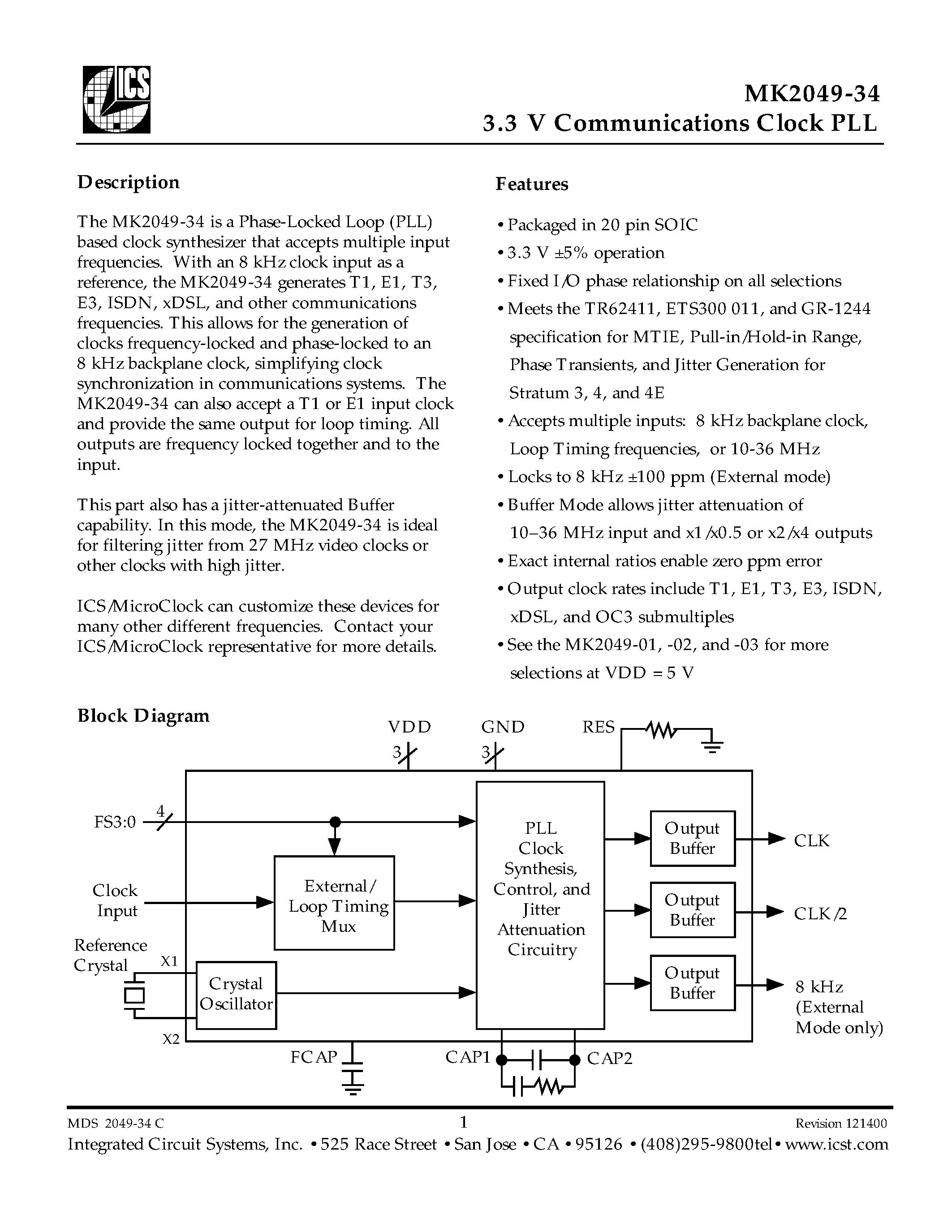 Даташит MK2049-34SI - 3.3 V Communications Clock PLL страница 1