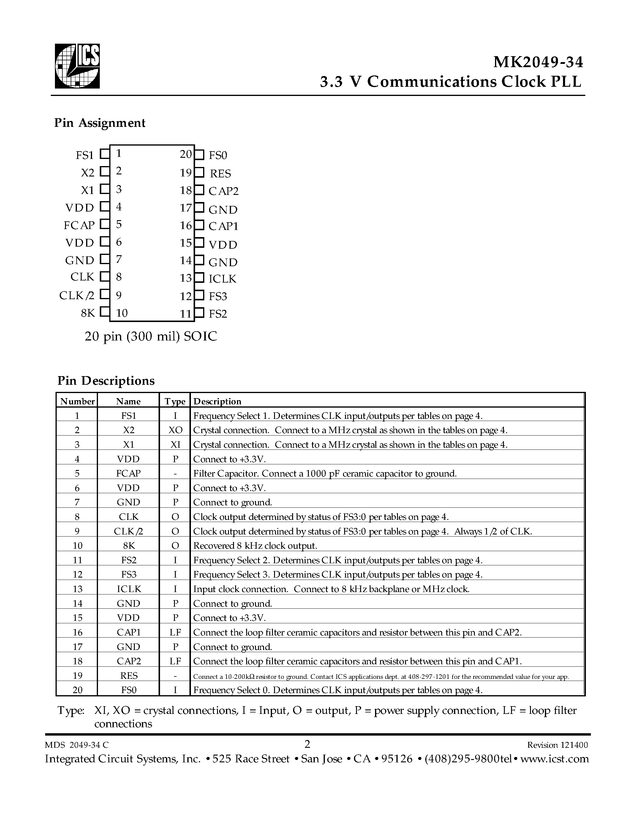 Даташит MK2049-34SITR - 3.3 V Communications Clock PLL страница 2