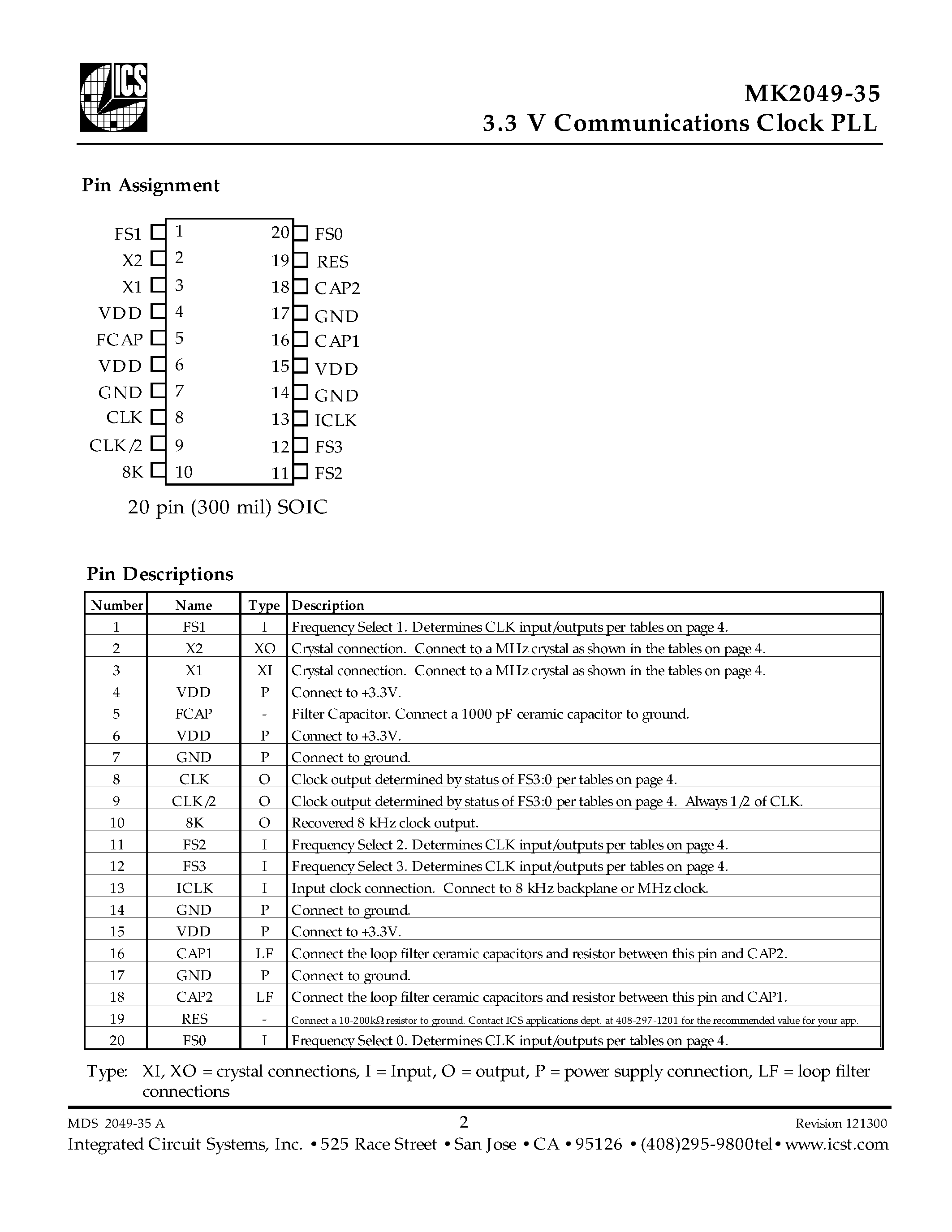 Даташит MK2049-35SITR - 3.3 V Communications Clock PLL страница 2