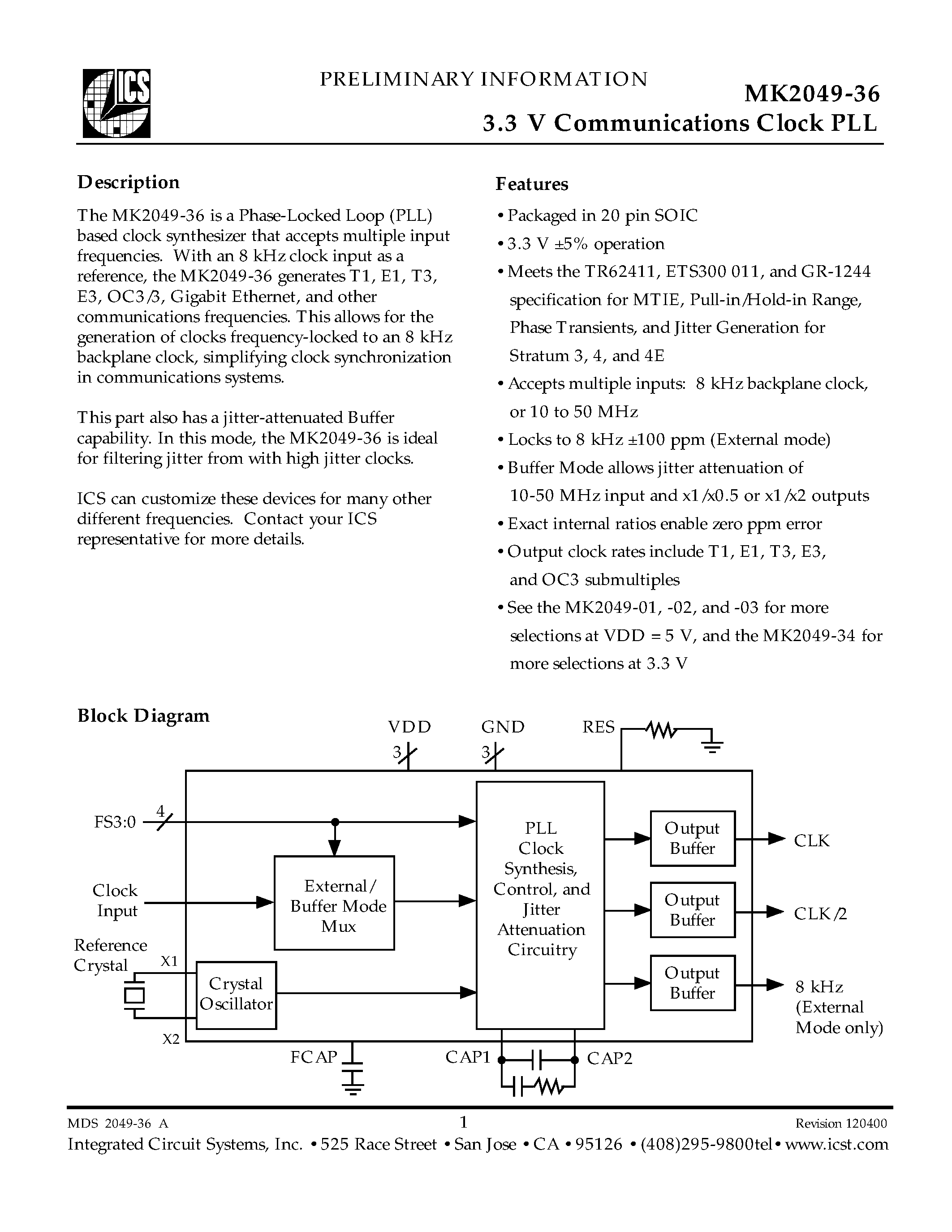 Даташит MK2049-36SI - 3.3 V Communications Clock PLL страница 1