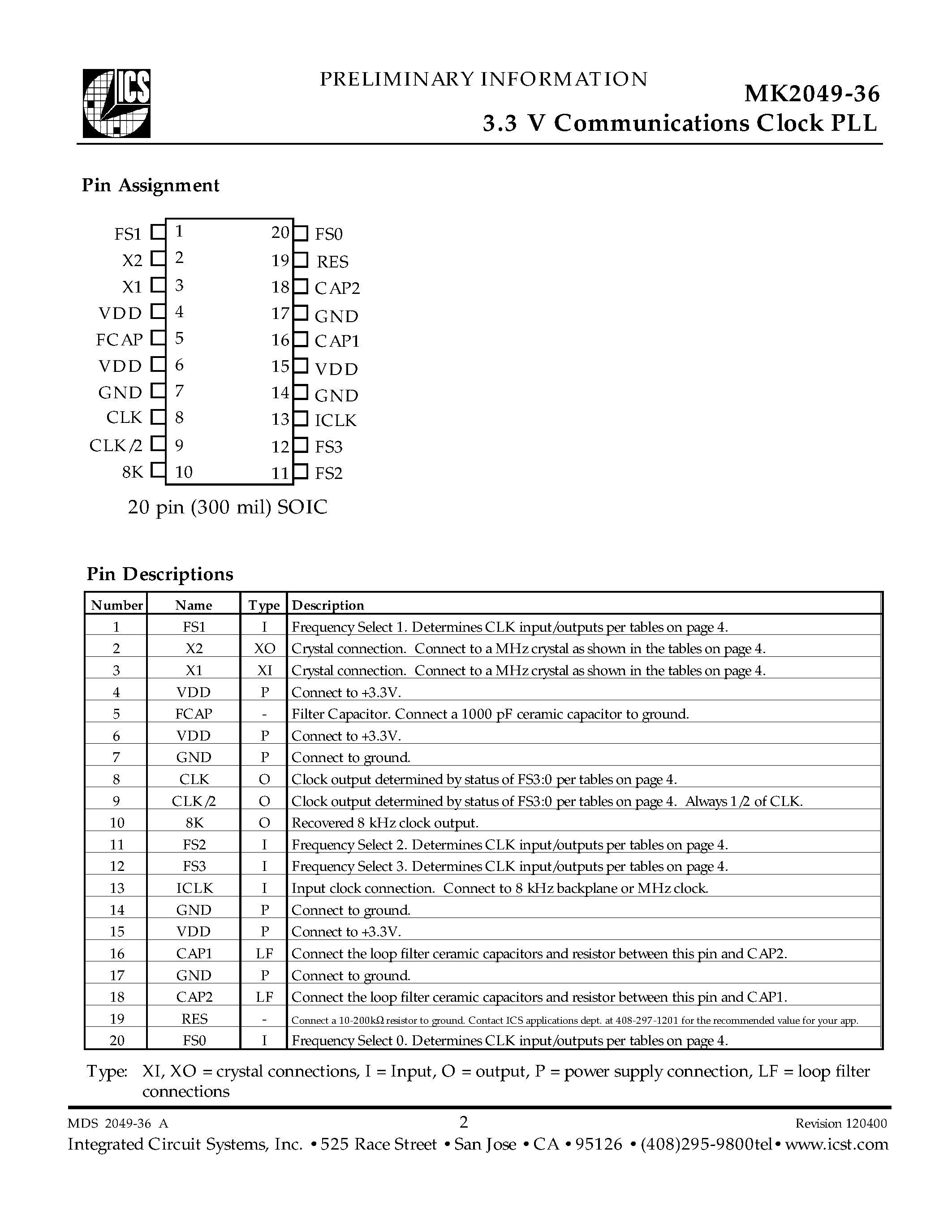 Даташит MK2049-36SI - 3.3 V Communications Clock PLL страница 2