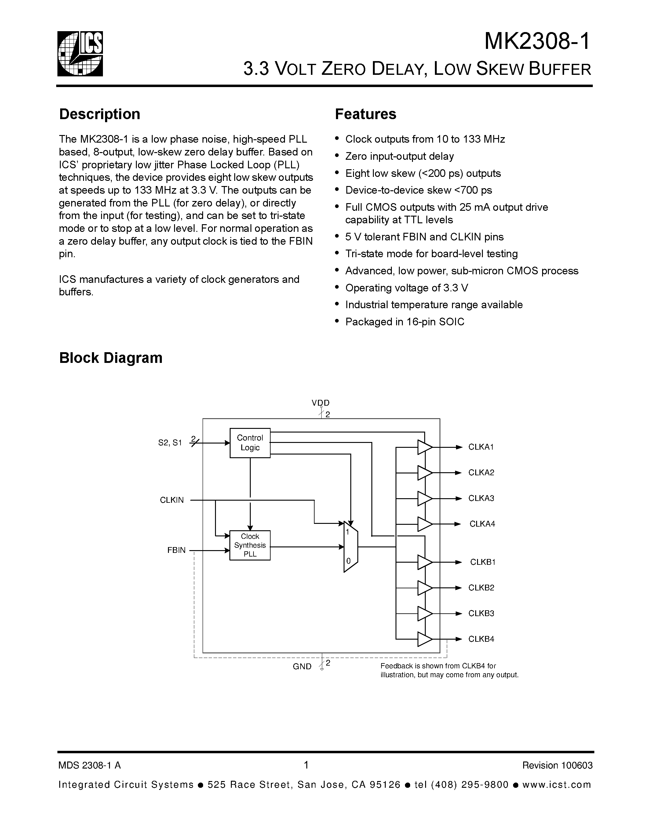 Datasheet MK2308S-1 - 3.3 VOLT ZERO DELAY / LOW SKEW BUFFER page 1