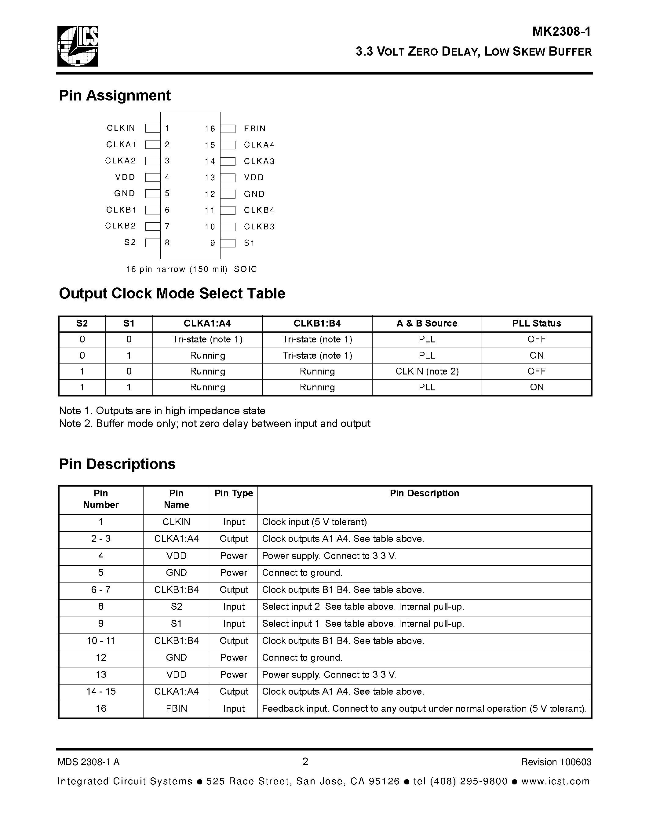 Datasheet MK2308S-1 - 3.3 VOLT ZERO DELAY / LOW SKEW BUFFER page 2