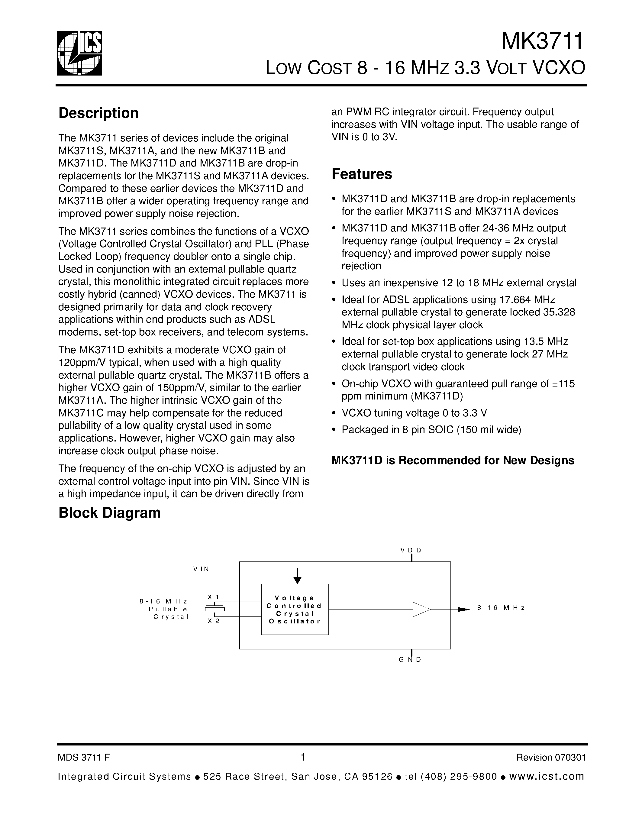 Datasheet MK3711D - LOW COST 8 - 16 MHZ 3.3 VOLT VCXO page 1