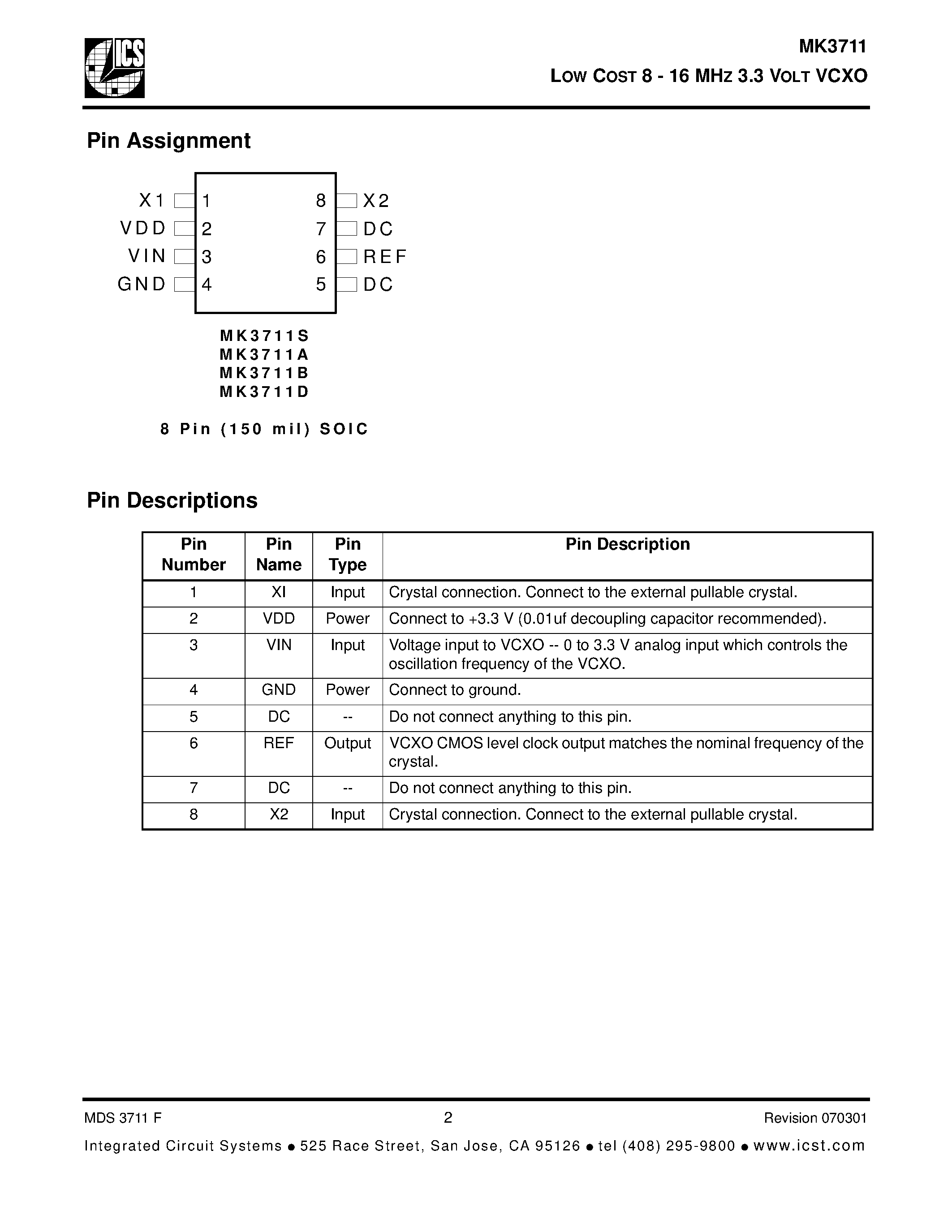 Datasheet MK3711S - LOW COST 8 - 16 MHZ 3.3 VOLT VCXO page 2