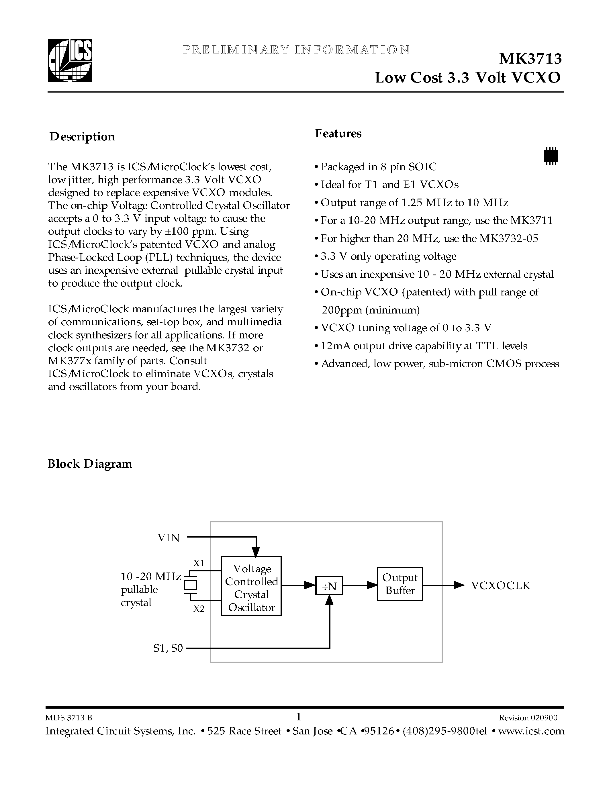 Datasheet MK3713 - Low Cost 3.3 Volt VCXO page 1