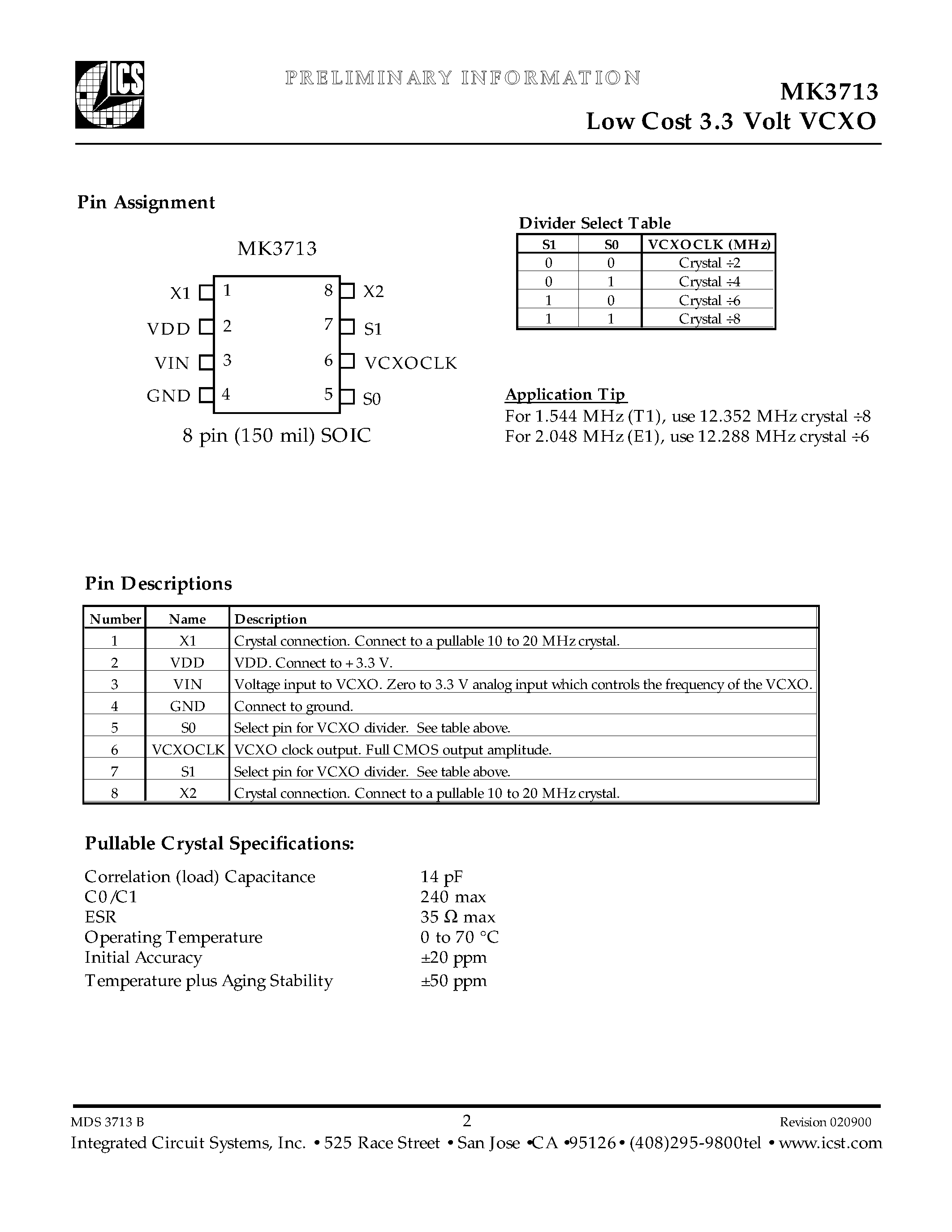 Datasheet MK3713 - Low Cost 3.3 Volt VCXO page 2