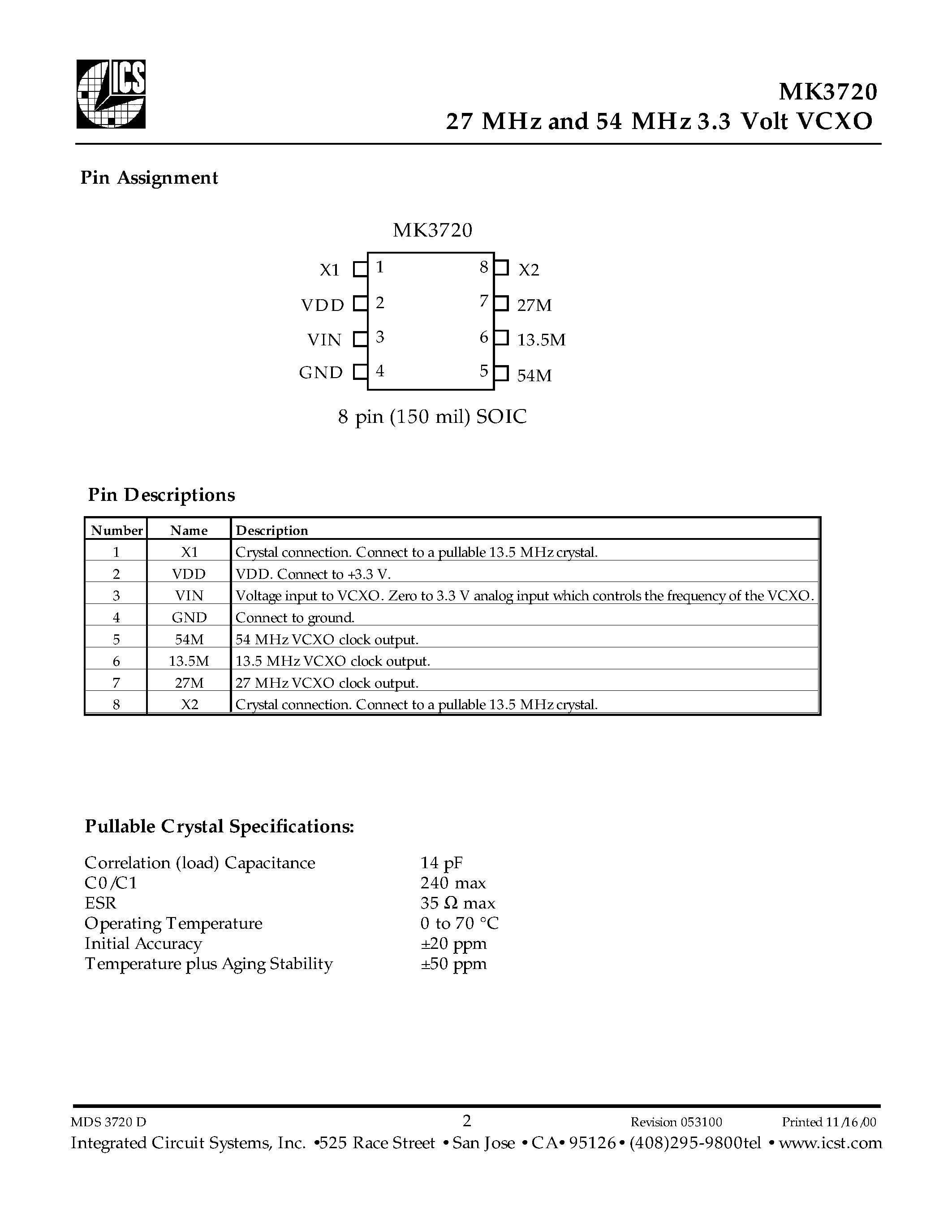 Datasheet MK3720 - 27 MHz and 54 MHz 3.3 Volt VCXO page 2