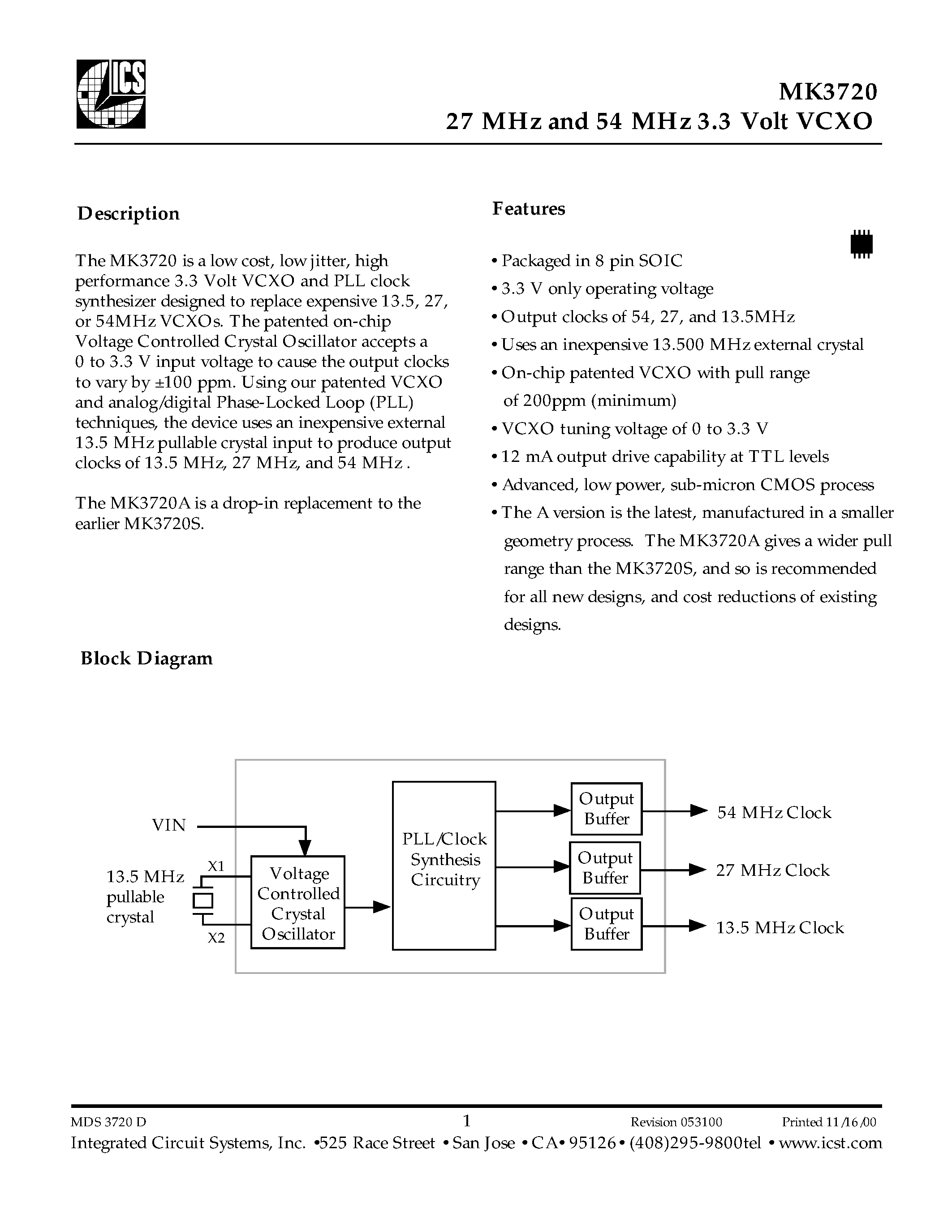 Datasheet MK3720ATR page 1 Datasheet MK3720ATR - 27 MHz and 54 MHz 3.3 Volt VCXO page 1