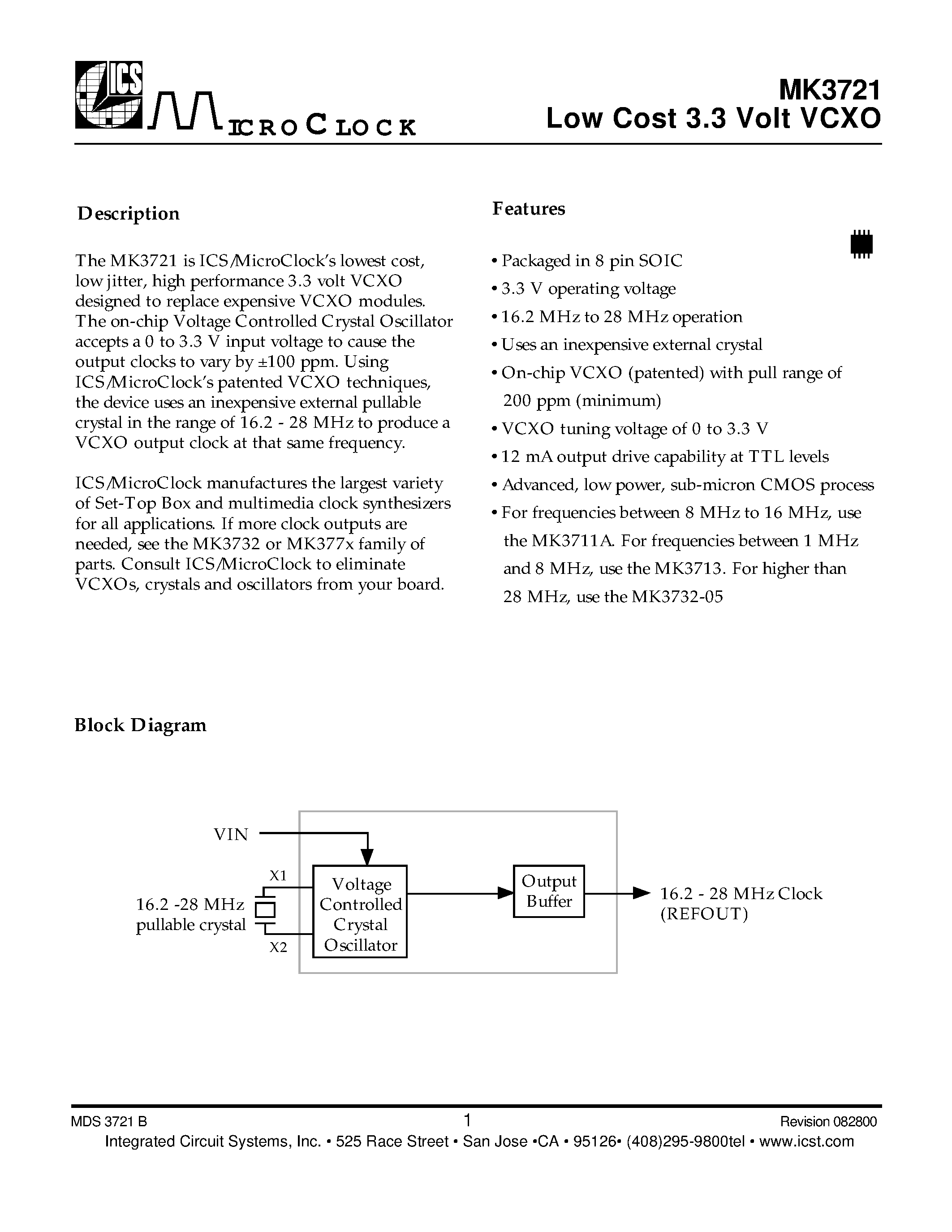 Datasheet MK3721 - Low Cost 3.3 Volt VCXO page 1