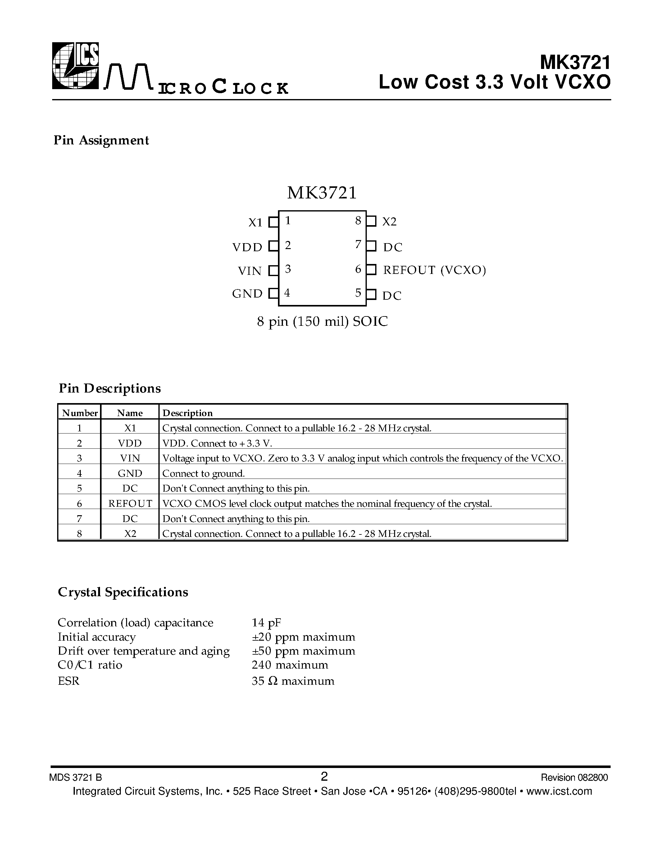 Datasheet MK3721 - Low Cost 3.3 Volt VCXO page 2