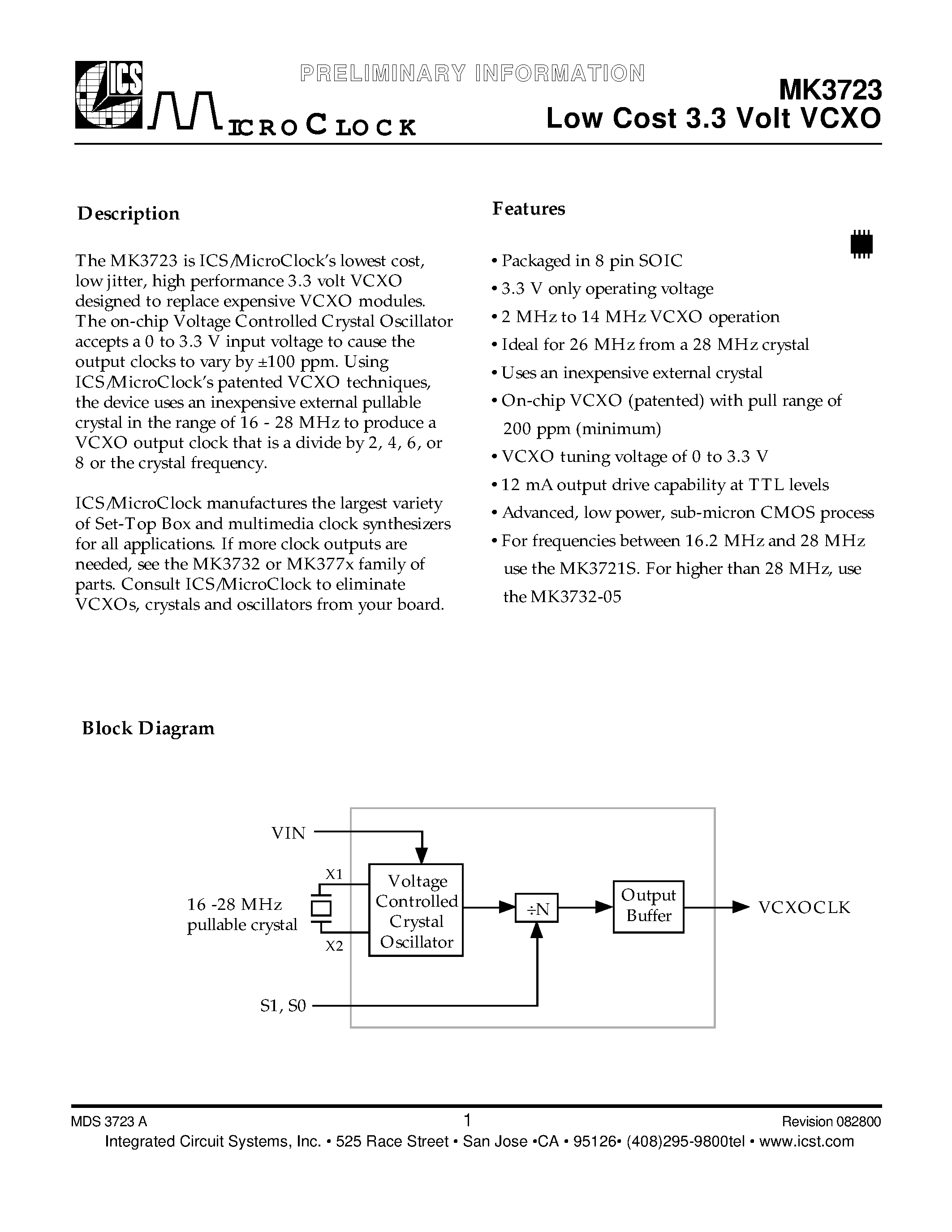 Datasheet MK3723S - Low Cost 3.3 Volt VCXO page 1