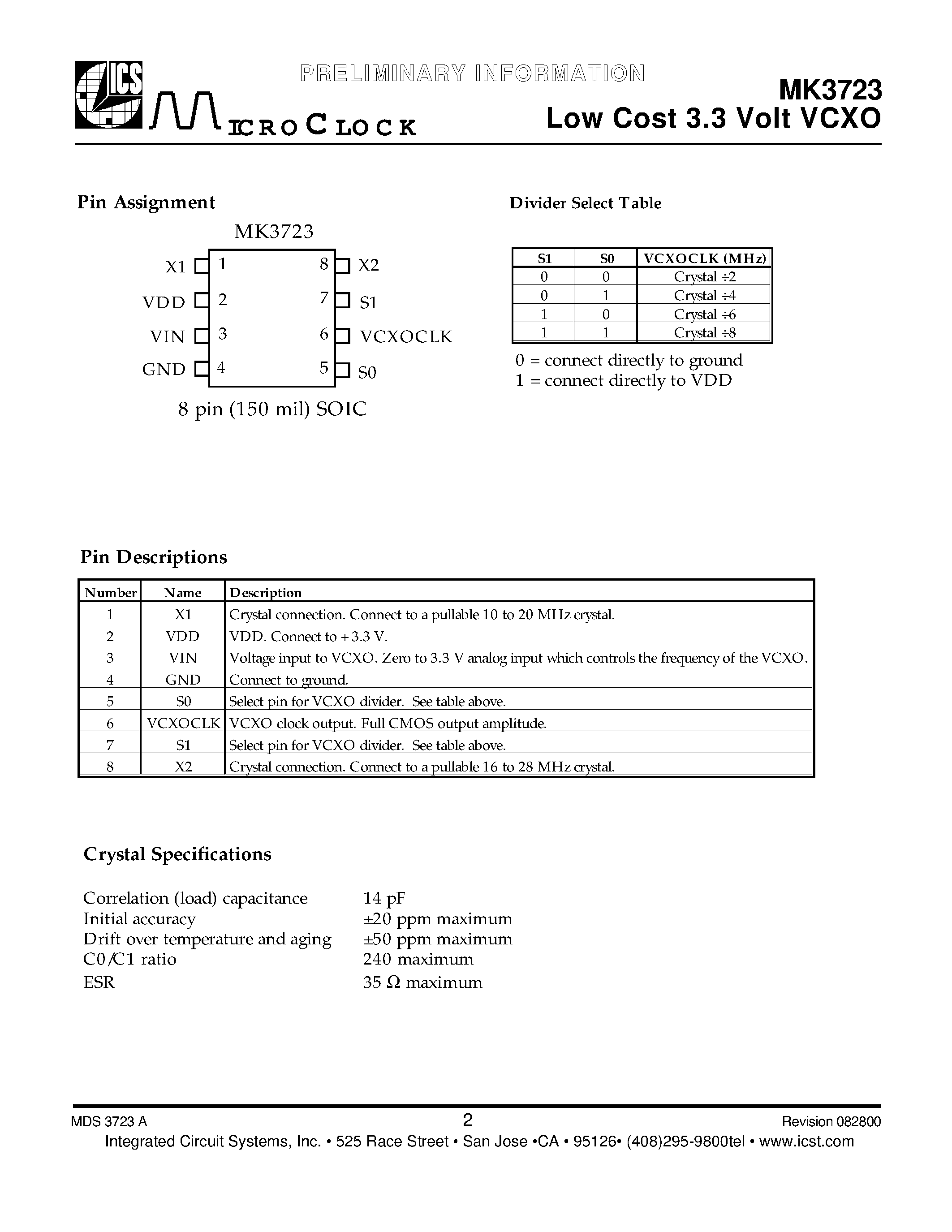 Datasheet MK3723S - Low Cost 3.3 Volt VCXO page 2