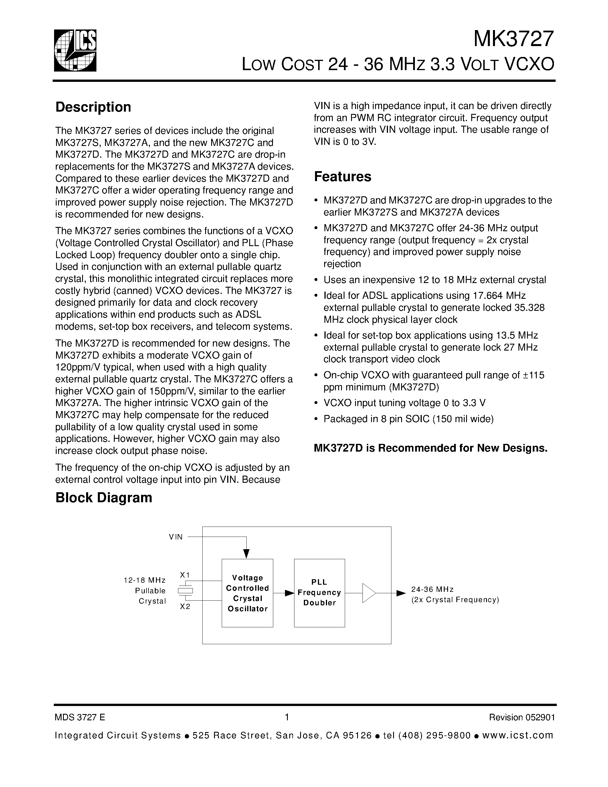 Datasheet MK3727C page 1 Datasheet MK3727C - LOW COST 24 - 36 MHZ 3.3 VOLT VCXO page 1