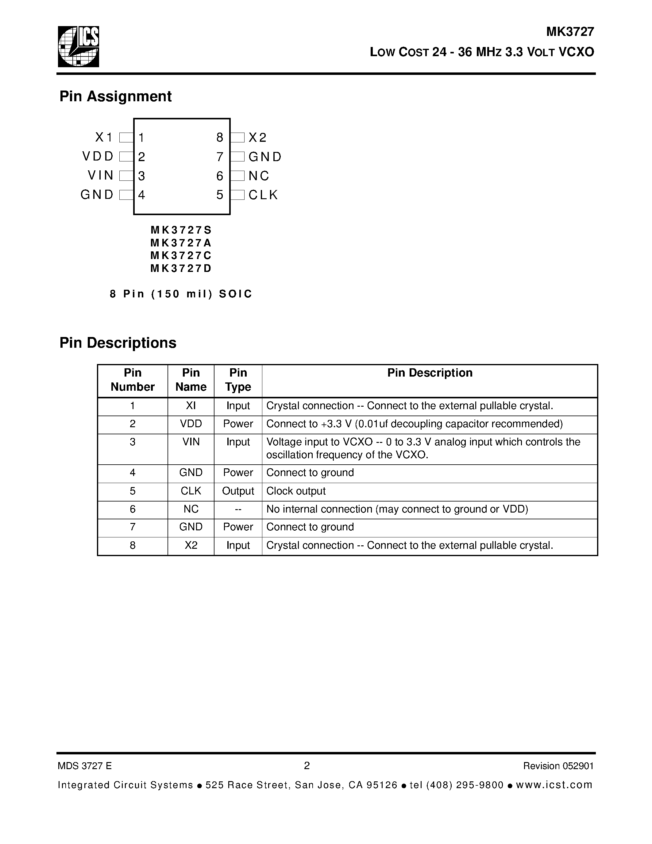 Datasheet MK3727C page 2 Datasheet MK3727C - LOW COST 24 - 36 MHZ 3.3 VOLT VCXO page 2