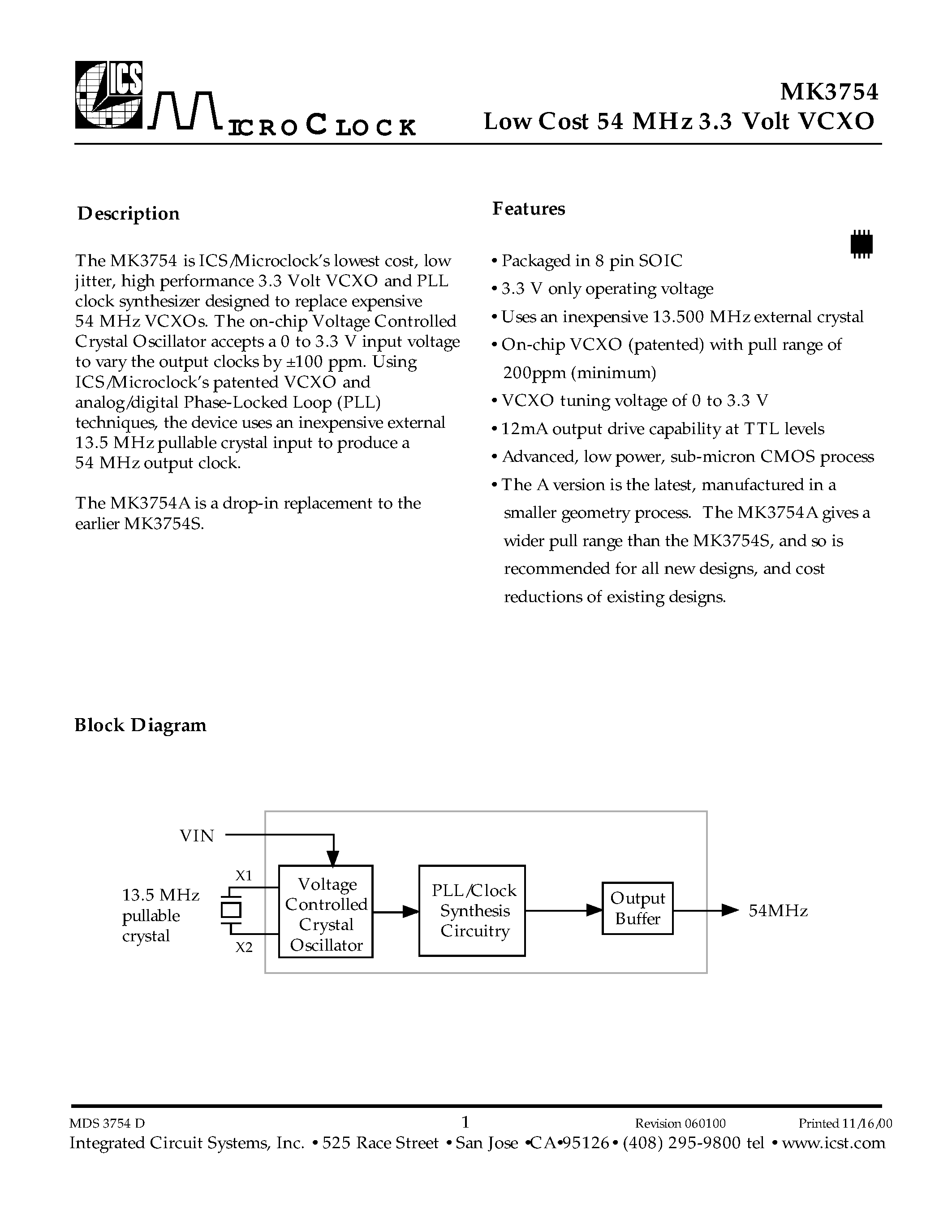 Datasheet MK3754 - Low Cost 54 MHz 3.3 Volt VCXO page 1