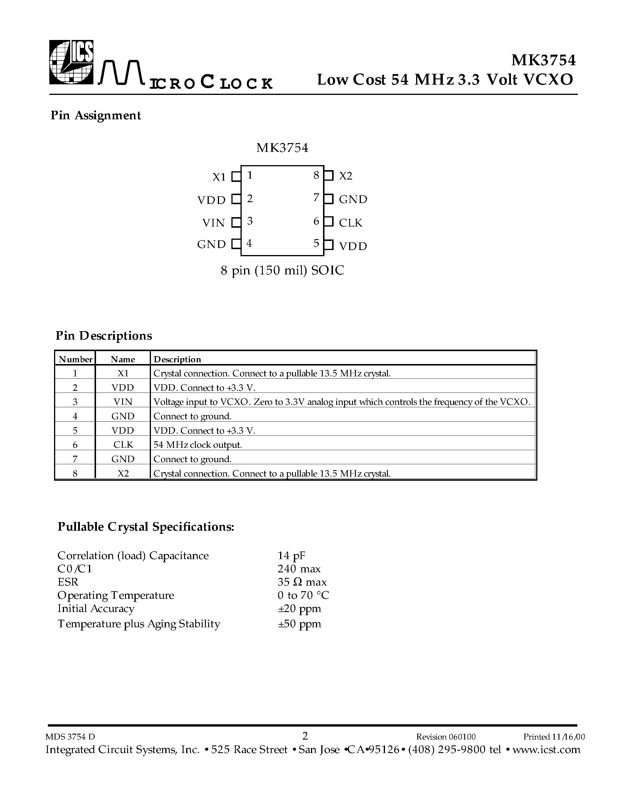Datasheet MK3754S - Low Cost 54 MHz 3.3 Volt VCXO page 2