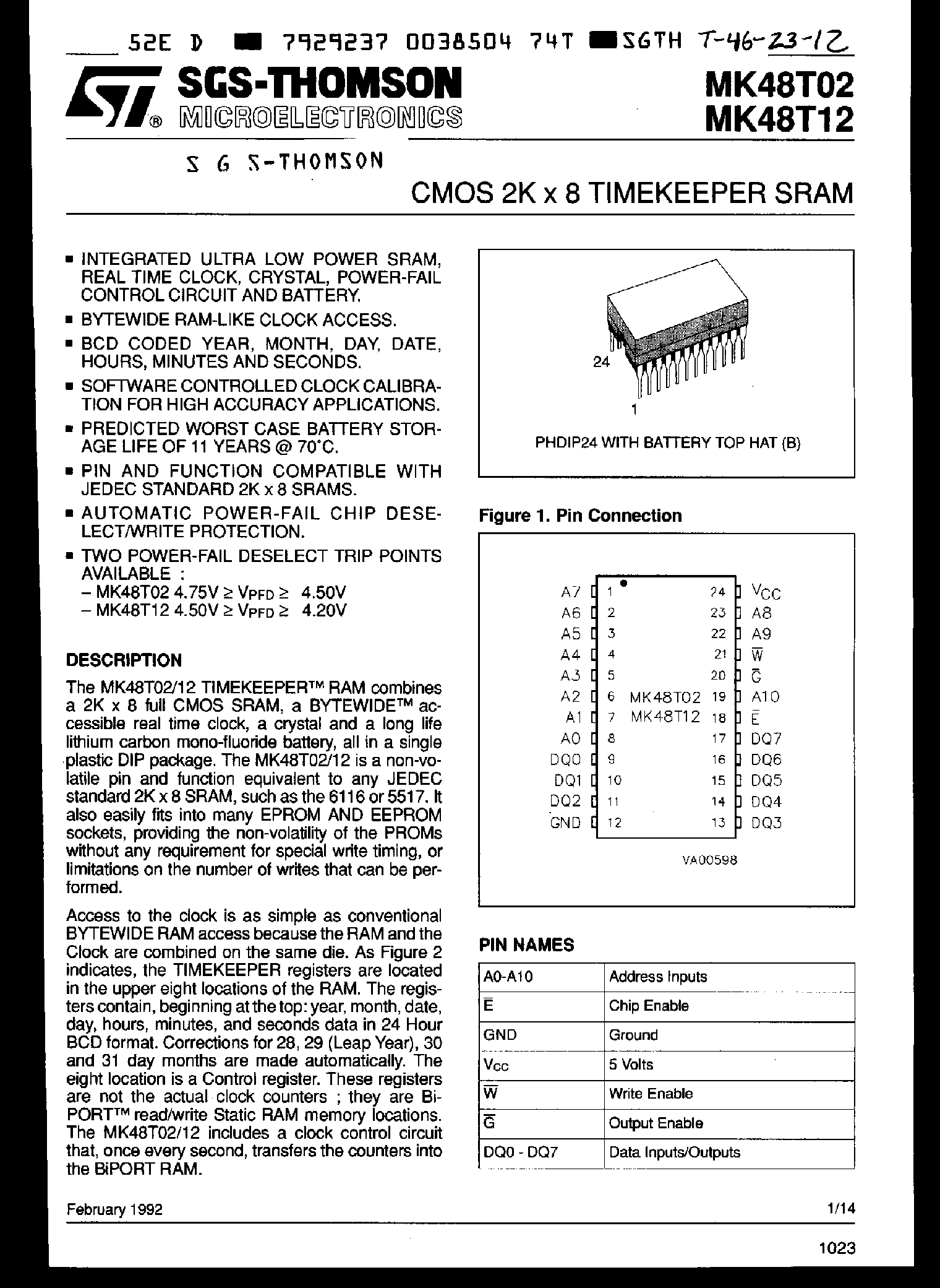Datasheet MK48T02 - CMOS 2K x 8 TIMEKEEPER SRAM page 1