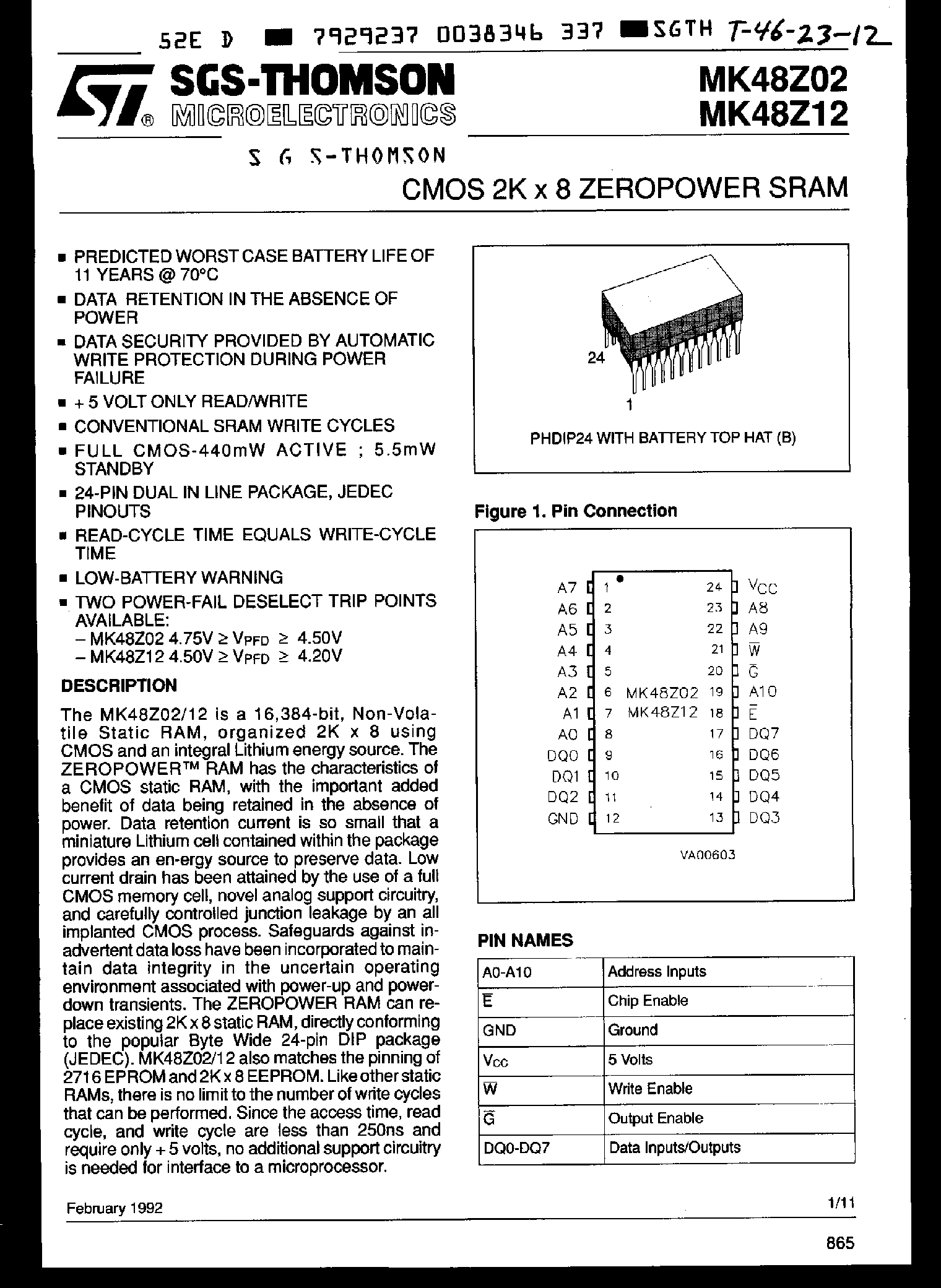 Datasheet MK48Z02B15 - CMOS 2K x 8 XEROPOWER SRAM page 1