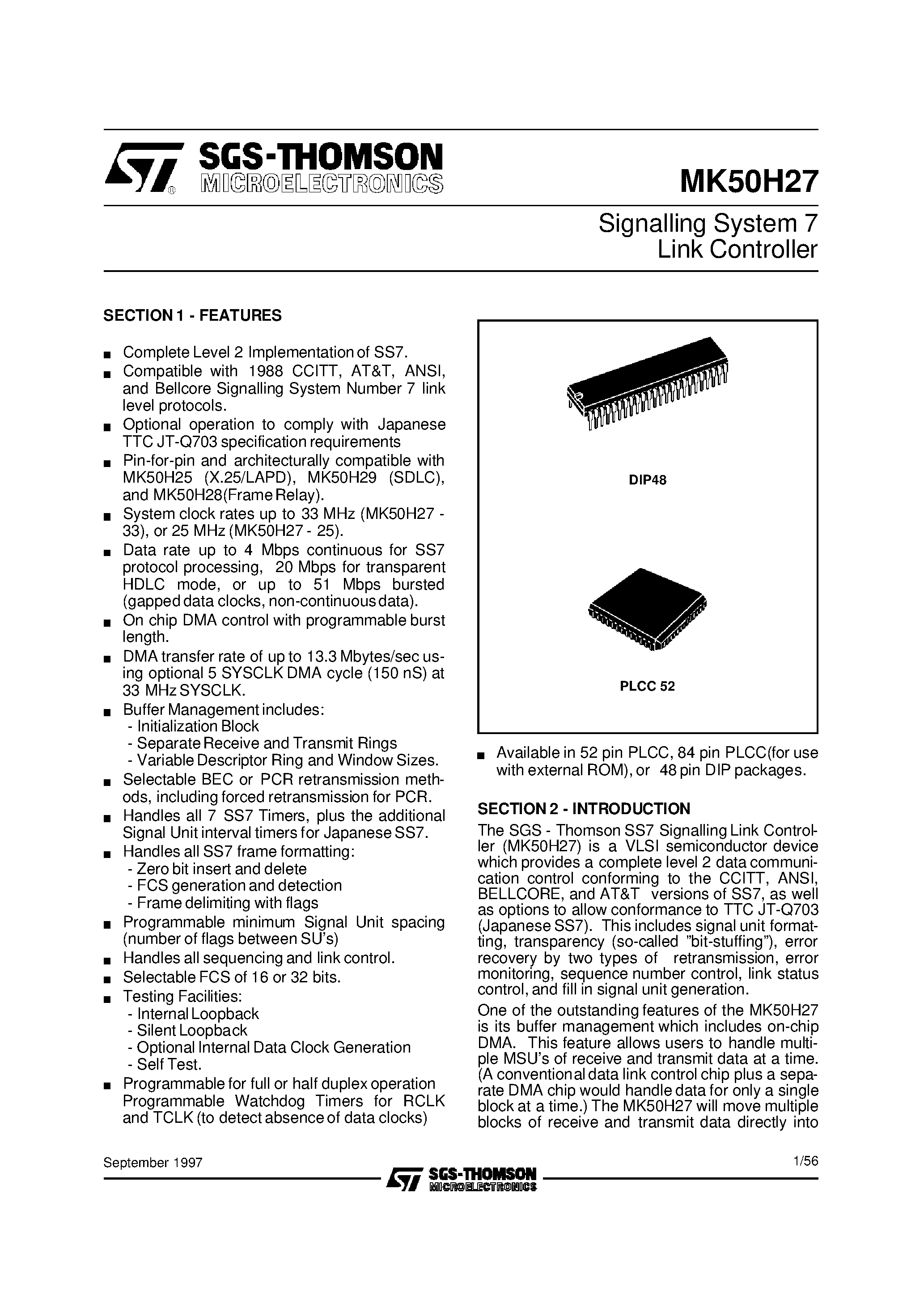 Даташит MK50H27 - Signalling System 7 Link Controller страница 1