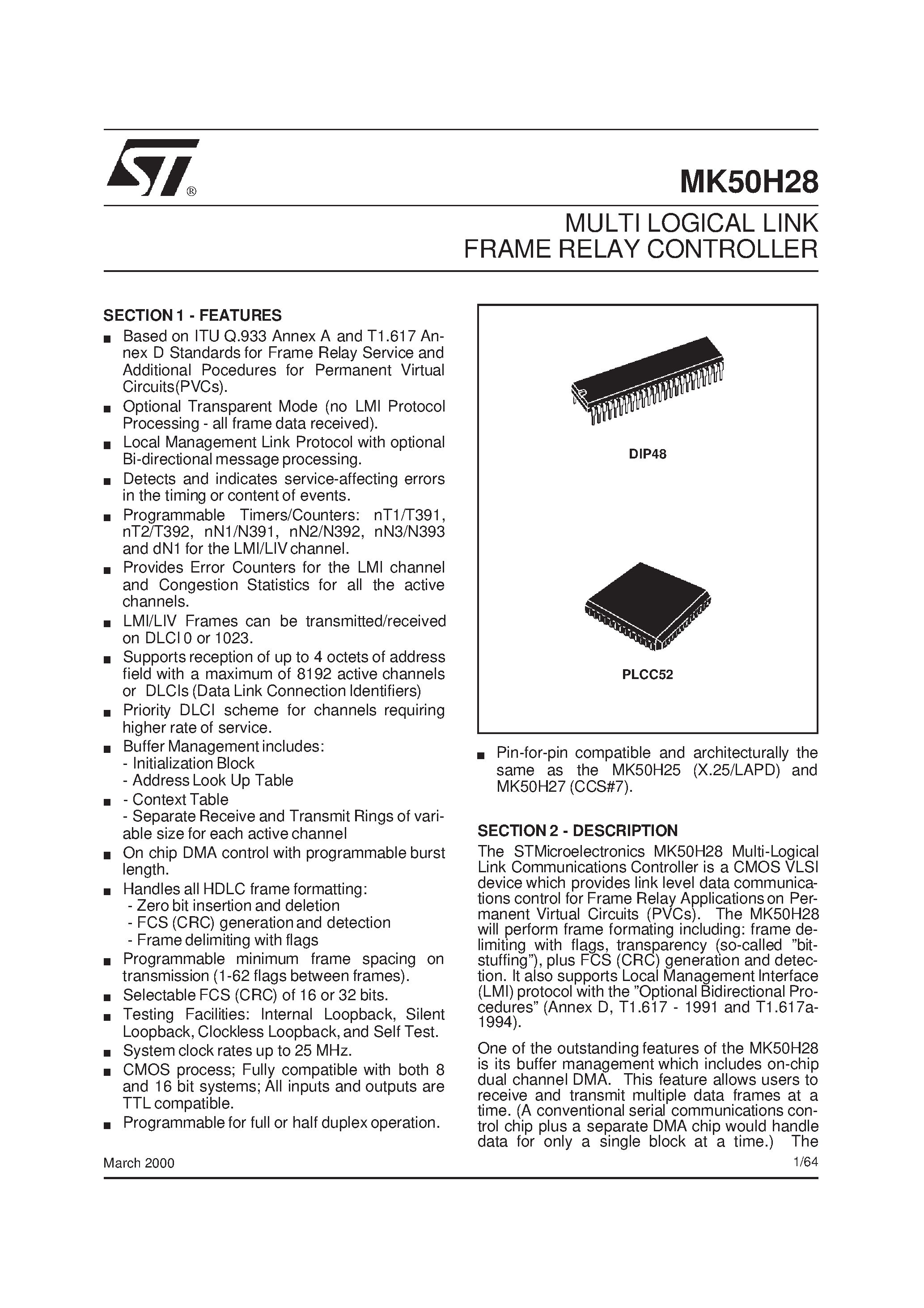 Даташит MK50H28 - MULTI LOGICAL LINK FRAME RELAY CONTROLLER страница 1