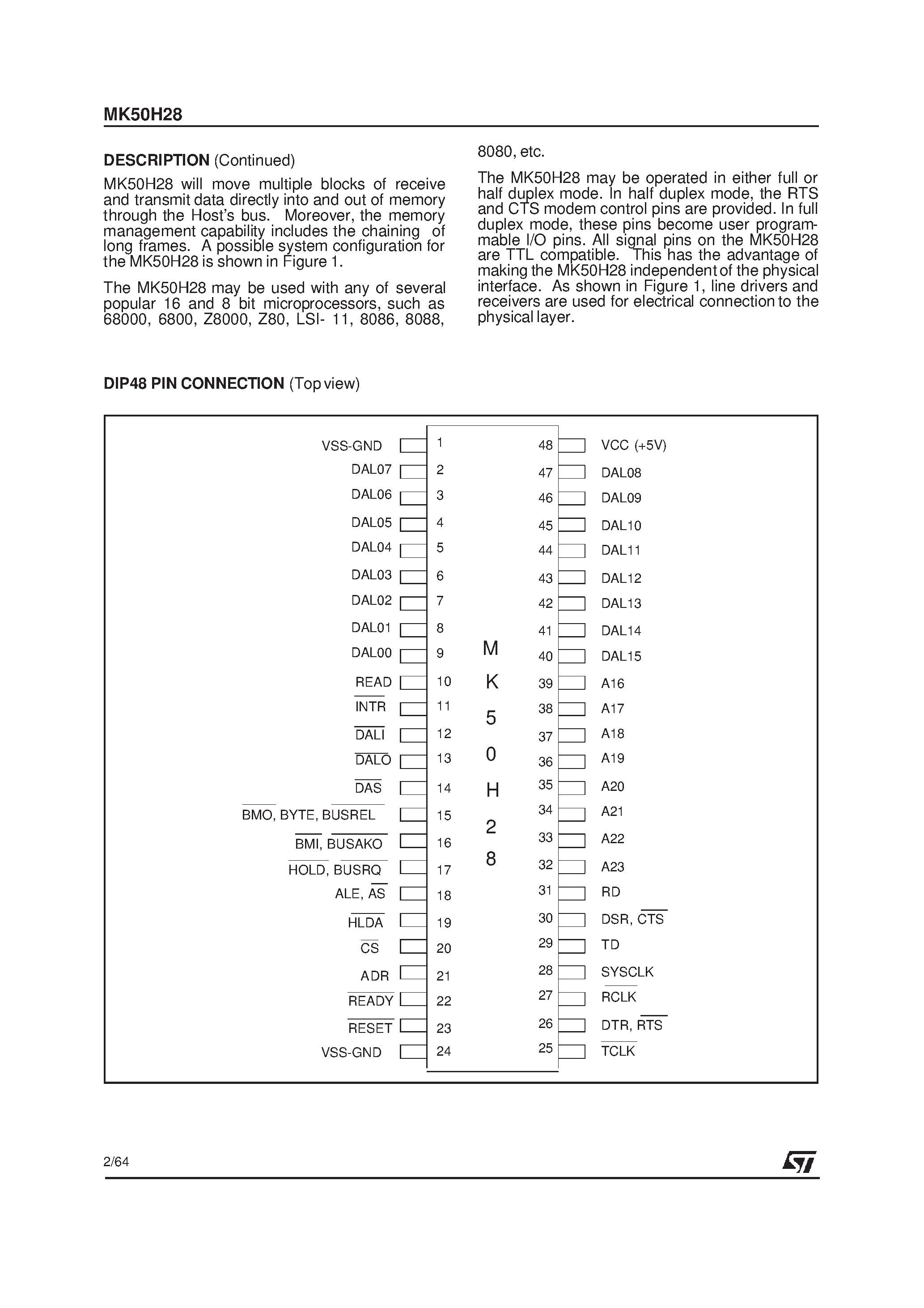 Даташит MK50H28 - MULTI LOGICAL LINK FRAME RELAY CONTROLLER страница 2