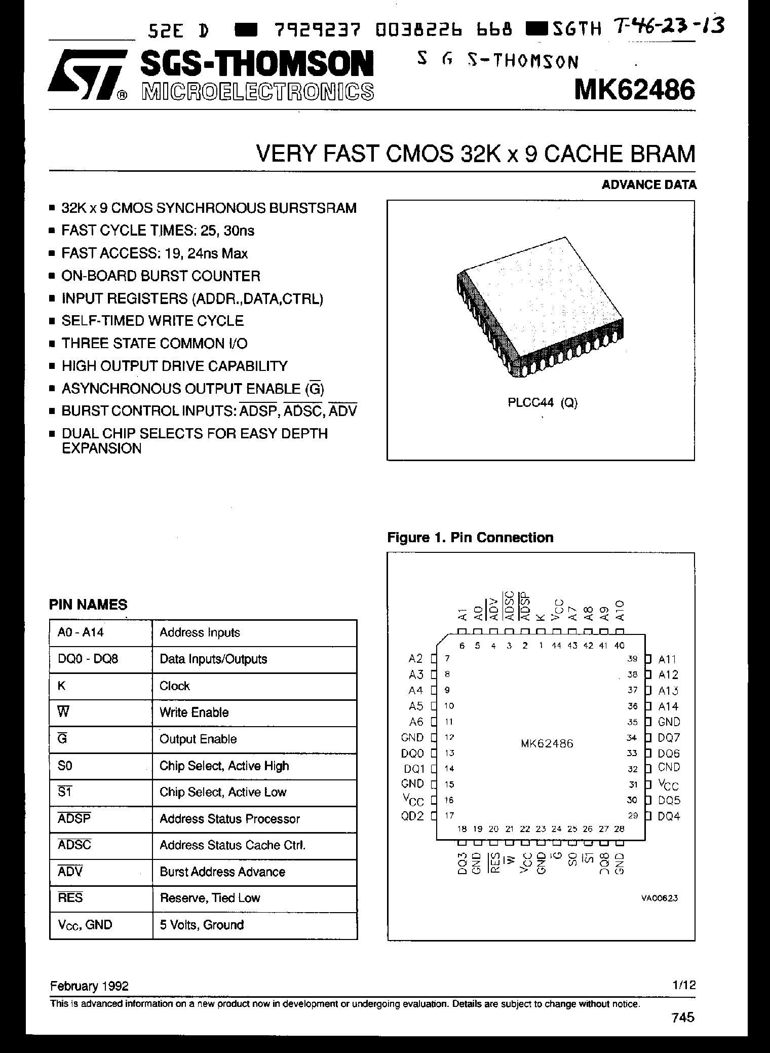 Datasheet MK62486 - VERY FAXT CMOS 32K x 9 CACHE BRAM page 1