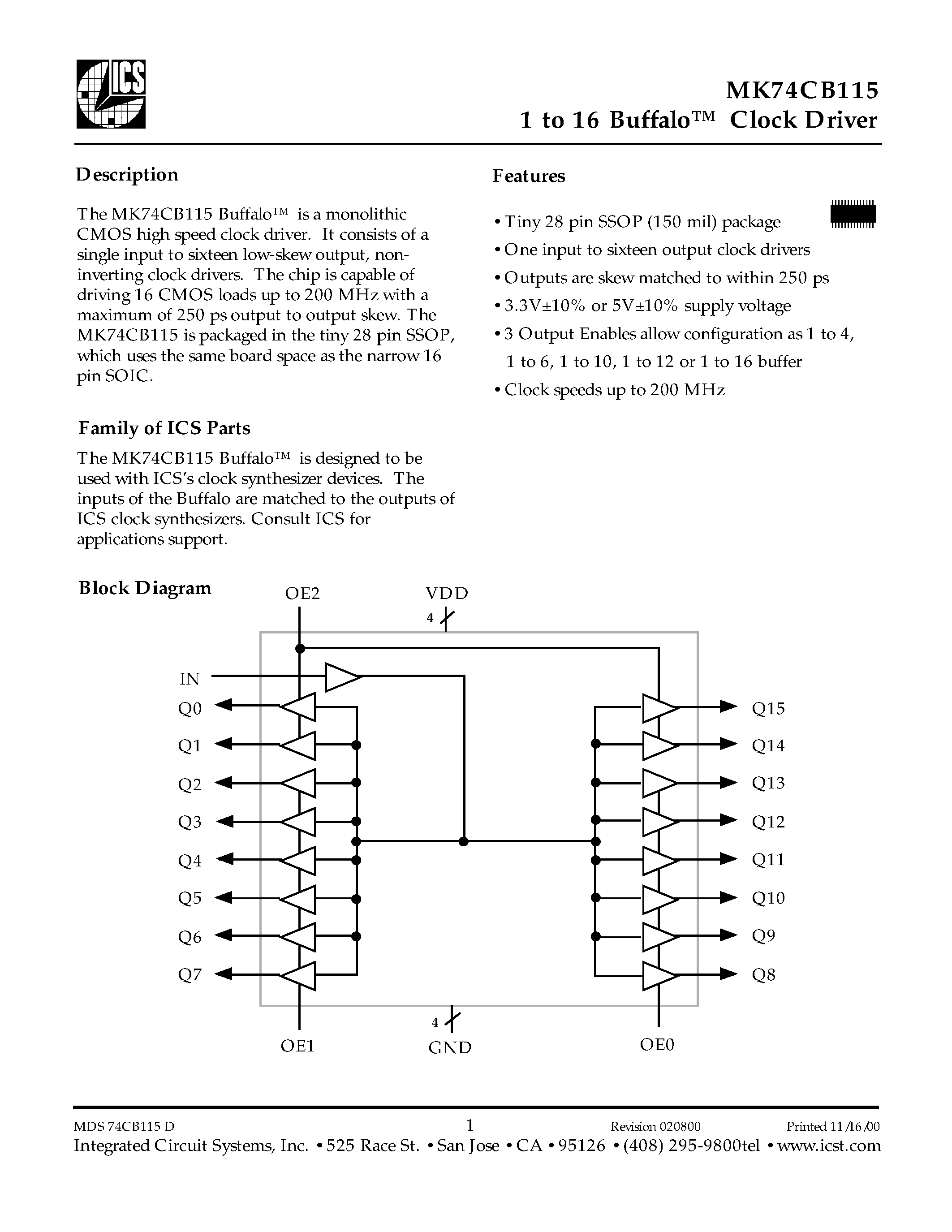 Datasheet MK74CB115 - 1 to 16 Buffalo Clock Driver page 1