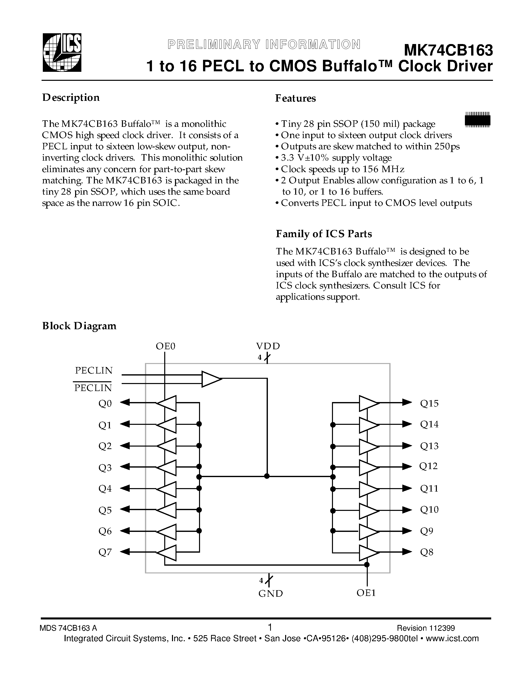 Datasheet MK74CB163 - 1 to 16 PECL to CMOS Buffalo Clock Driver page 1