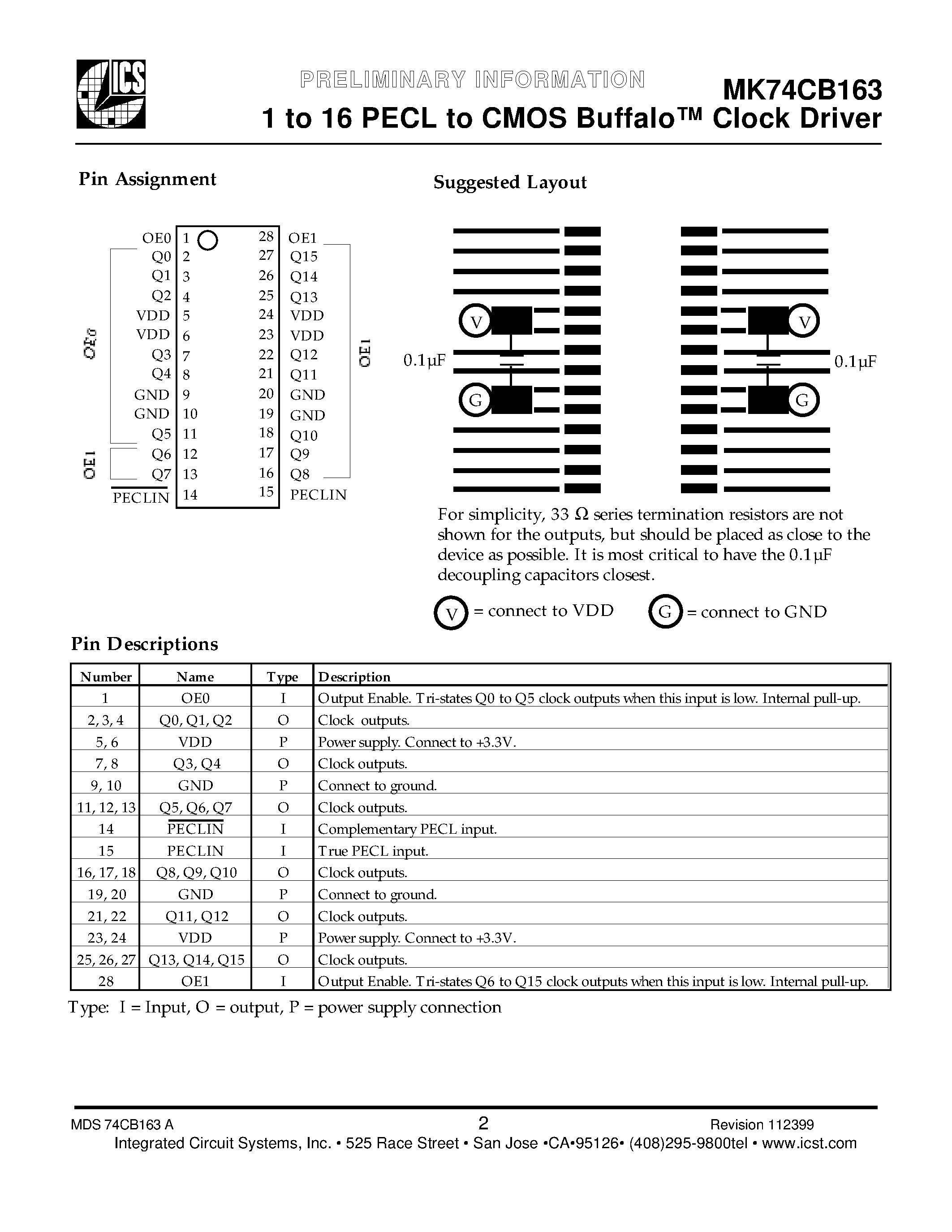 Datasheet MK74CB163R - 1 to 16 PECL to CMOS Buffalo Clock Driver page 2