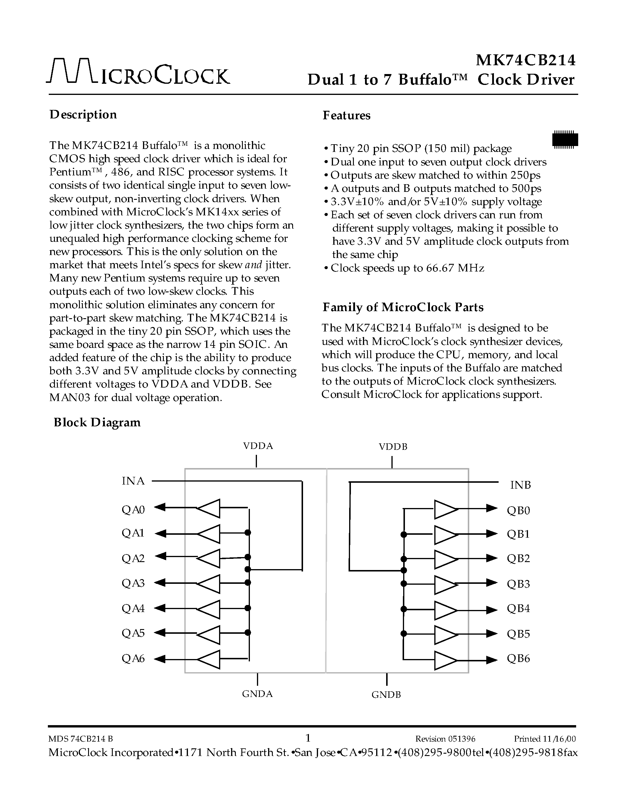 Datasheet MK74CB214 page 1 Datasheet MK74CB214 - Dual 1 to 7 Buffalo Clock Driver page 1