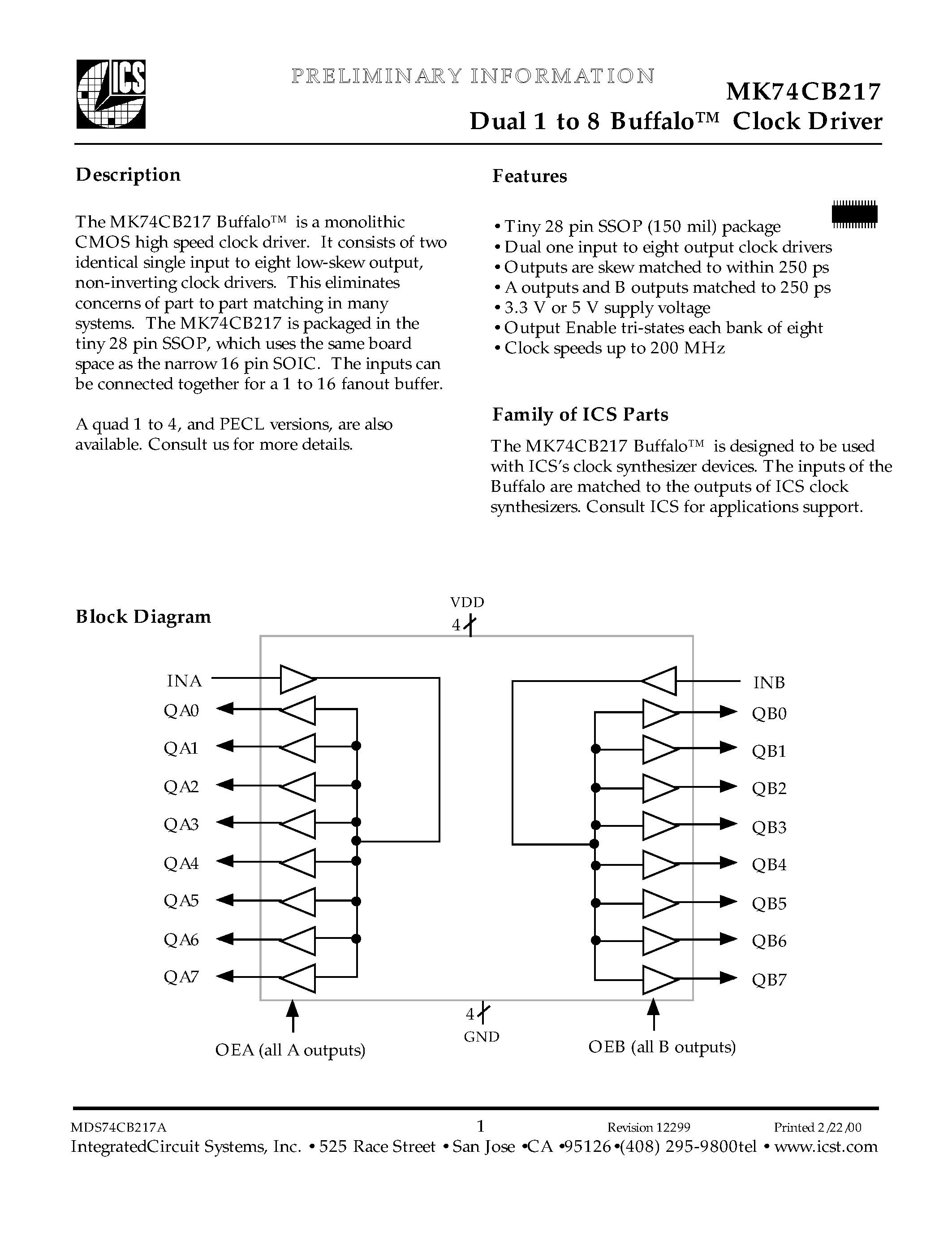 Datasheet MK74CB217R - Dual 1 to 8 Buffalo Clock Driver page 1