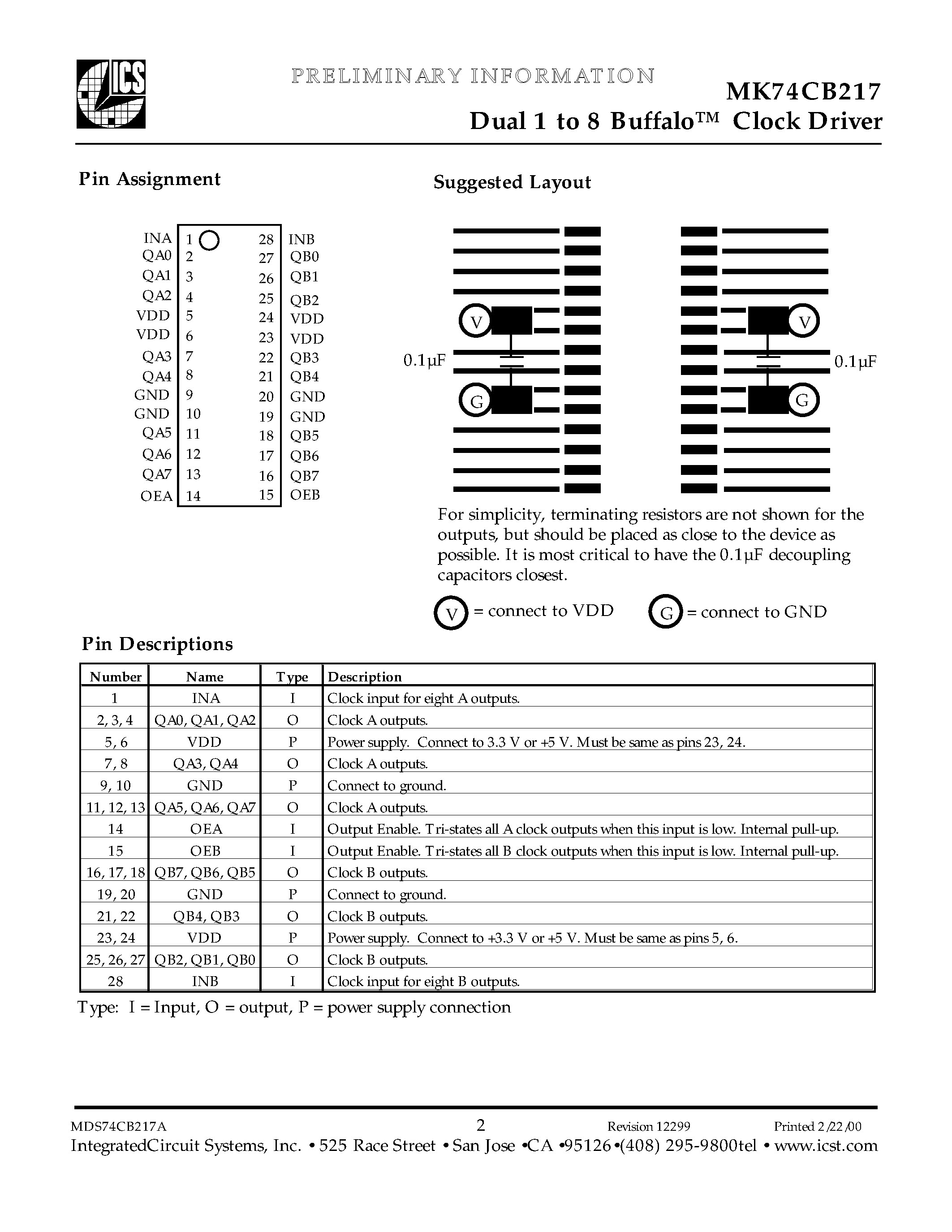 Datasheet MK74CB217R - Dual 1 to 8 Buffalo Clock Driver page 2