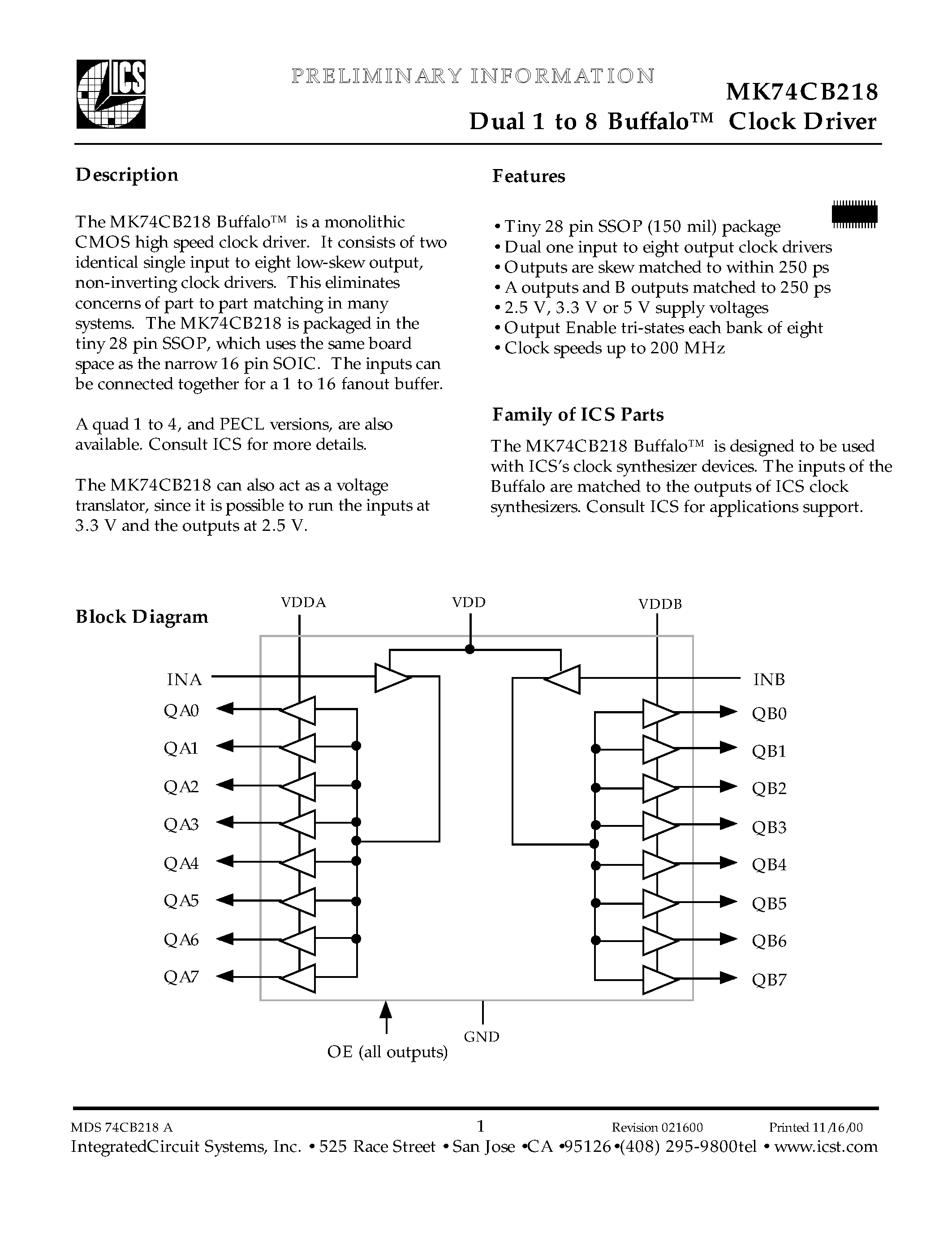 Datasheet MK74CB218 - Dual 1 to 8 Buffalo Clock Driver page 1